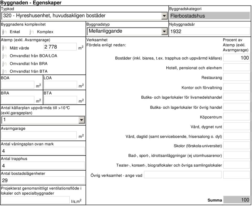 garageplan) 1 Avarmgarage m 2 m 2 Verksamhet Fördela enligt nedan: Procent av Atemp (exk