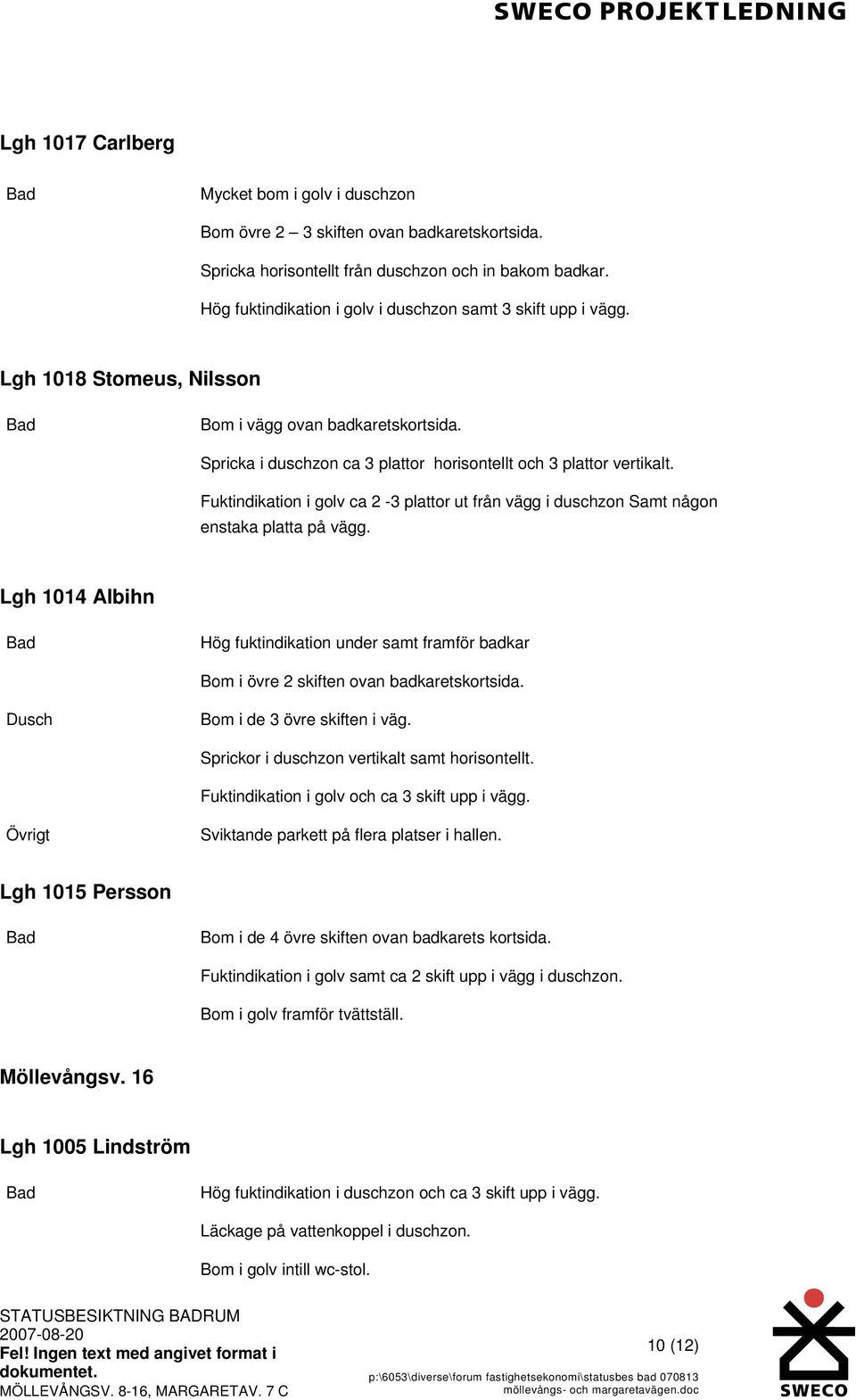 Fuktindikation i golv ca 2-3 plattor ut från vägg i duschzon Samt någon enstaka platta på vägg.