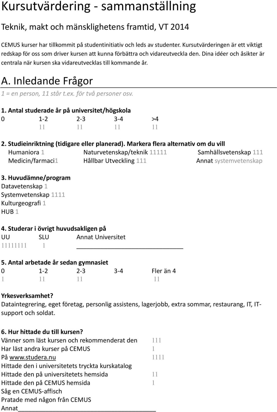 Inledande Frågor 1 = en person, 11 står t.ex. för två personer osv. 1. Antal studerade år på universitet/högskola 0 1 2 2 3 3 4 >4 11 11 11 11 2. Studieinriktning (tidigare eller planerad).