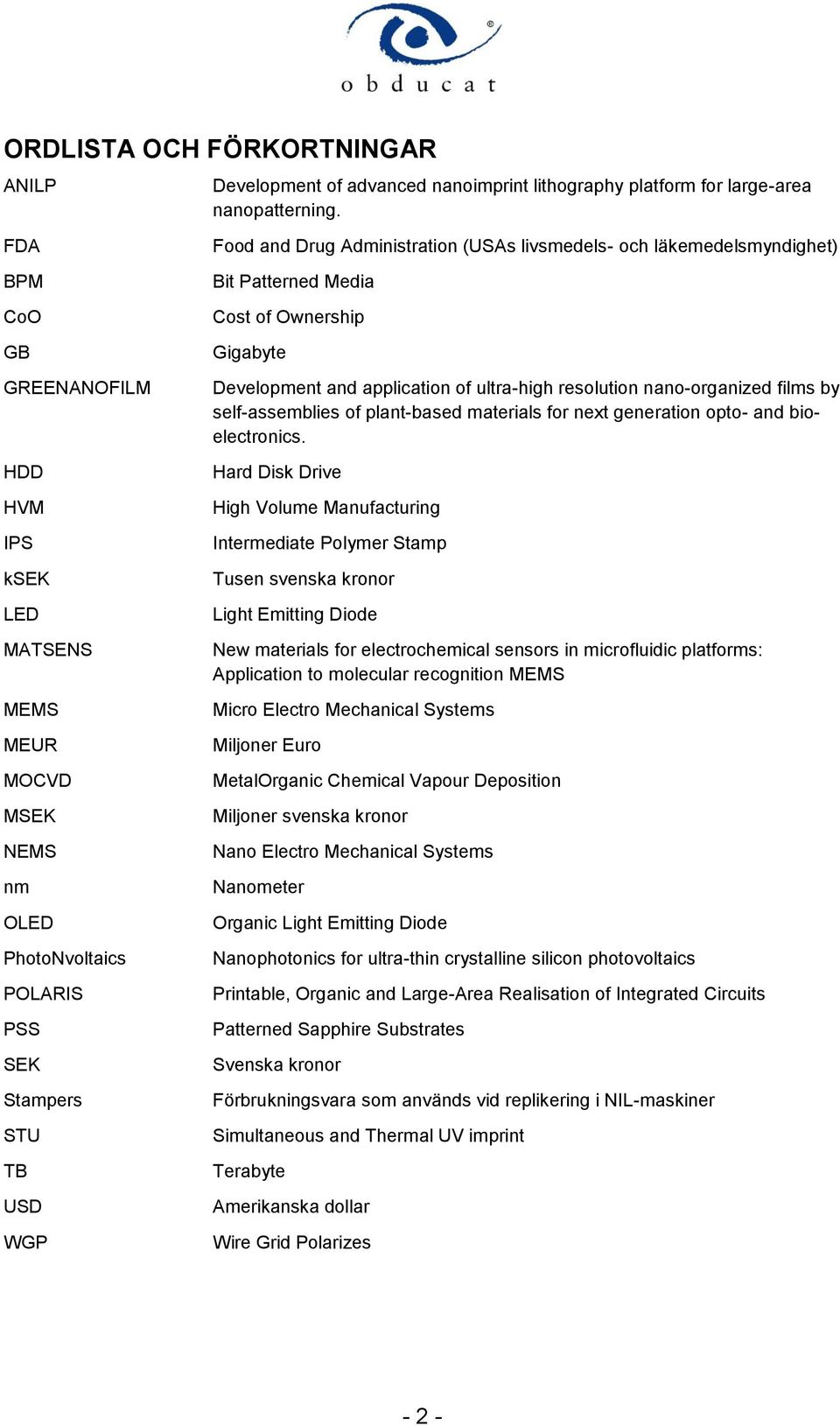 läkemedelsmyndighet) Bit Patterned Media Cost of Ownership Gigabyte Development and application of ultra-high resolution nano-organized films by self-assemblies of plant-based materials for next