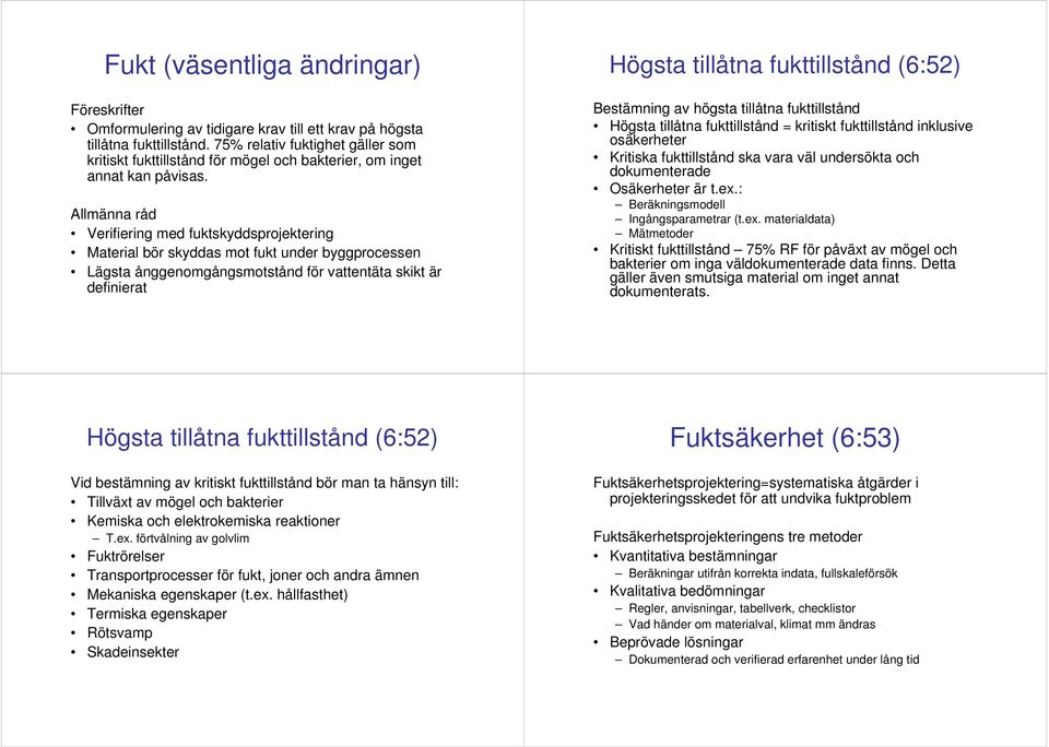 Allmänna råd Verifiering med fuktskyddsprojektering Material bör skyddas mot fukt under byggprocessen Lägsta ånggenomgångsmotstånd för vattentäta skikt är definierat Högsta tillåtna fukttillstånd