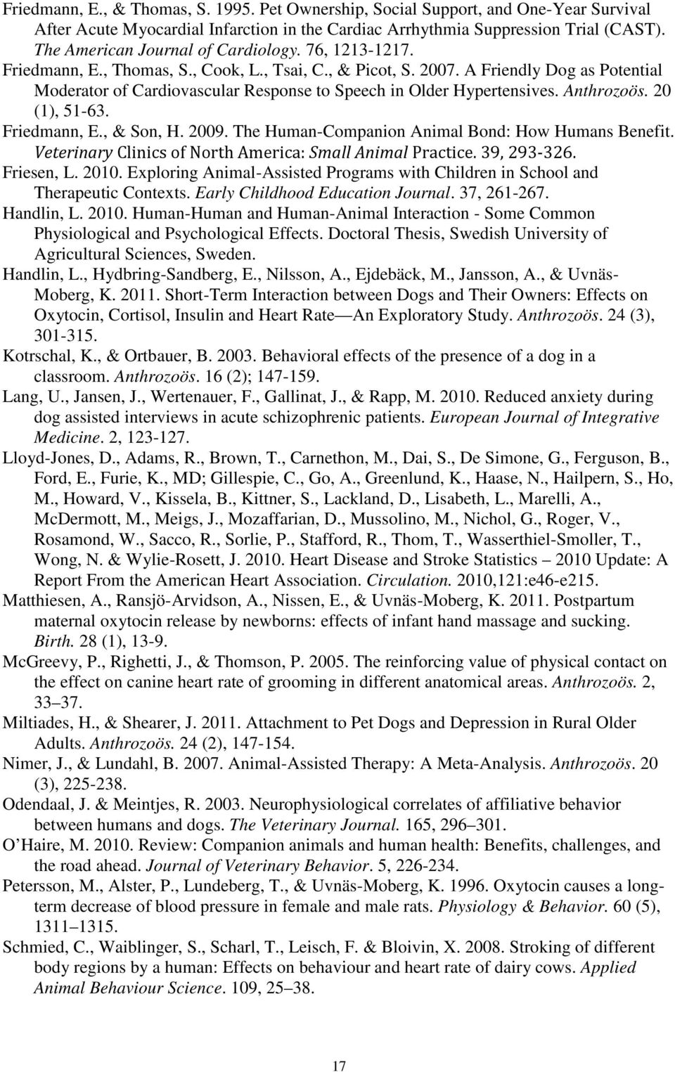 A Friendly Dog as Potential Moderator of Cardiovascular Response to Speech in Older Hypertensives. Anthrozoös. 20 (1), 51-63. Friedmann, E., & Son, H. 2009.