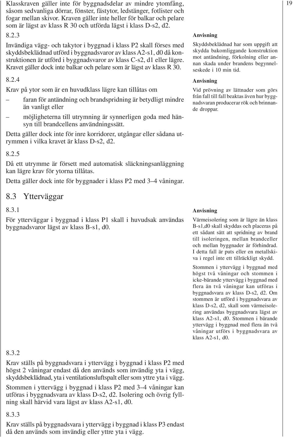 d2. 8.2.3 Invändiga vägg- och takytor i byggnad i klass P2 skall förses med skyddsbeklädnad utförd i byggnadsvaror av klass A2-s1, d0 då konstruktionen är utförd i byggnadsvaror av klass C-s2, d1