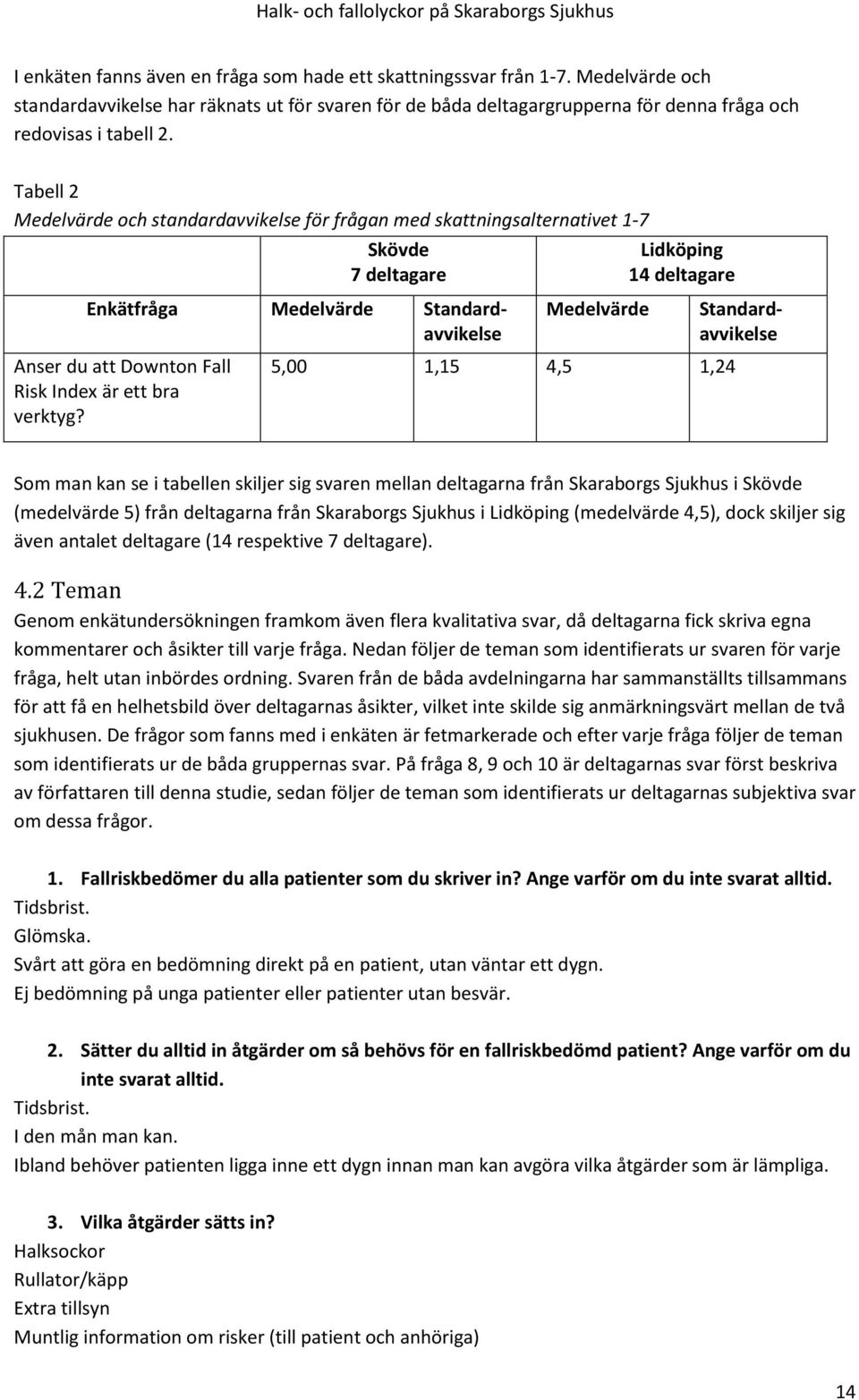 Medelvärde Lidköping 14 deltagare 5,00 1,15 4,5 1,24 Enkätfråga Medelvärde Standardavvikelse Standardavvikelse Som man kan se i tabellen skiljer sig svaren mellan deltagarna från Skaraborgs Sjukhus i