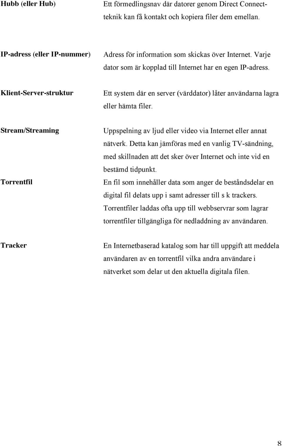 Stream/Streaming Torrentfil Uppspelning av ljud eller video via Internet eller annat nätverk.