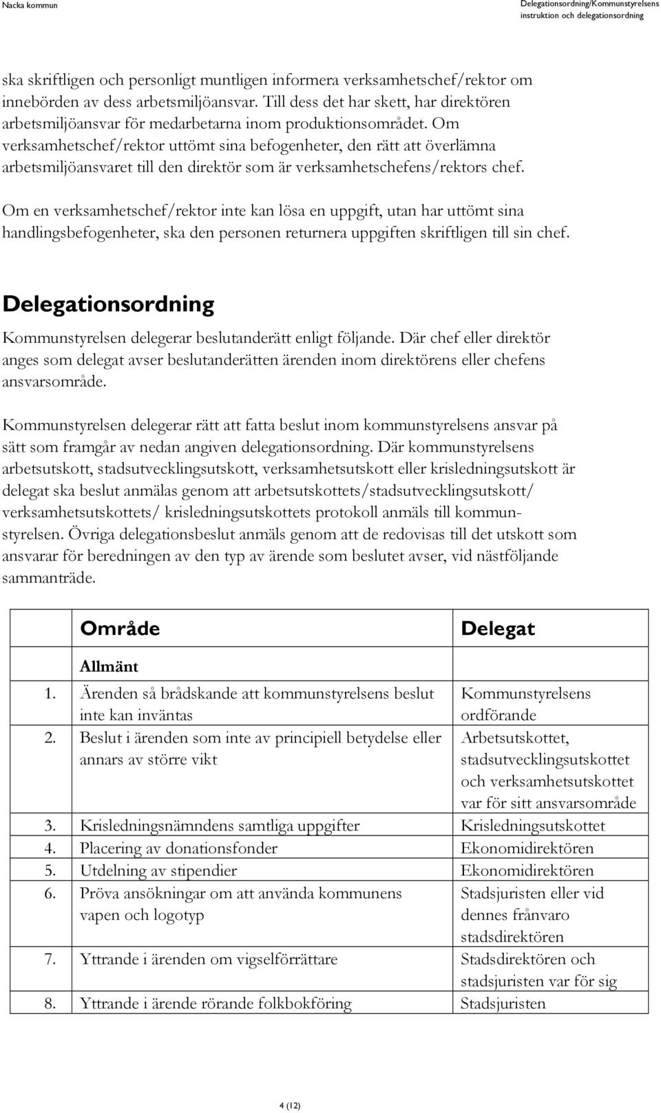 Om verksamhetschef/rektor uttömt sina befogenheter, den rätt att överlämna arbetsmiljöansvaret till den direktör som är verksamhetschefens/rektors chef.