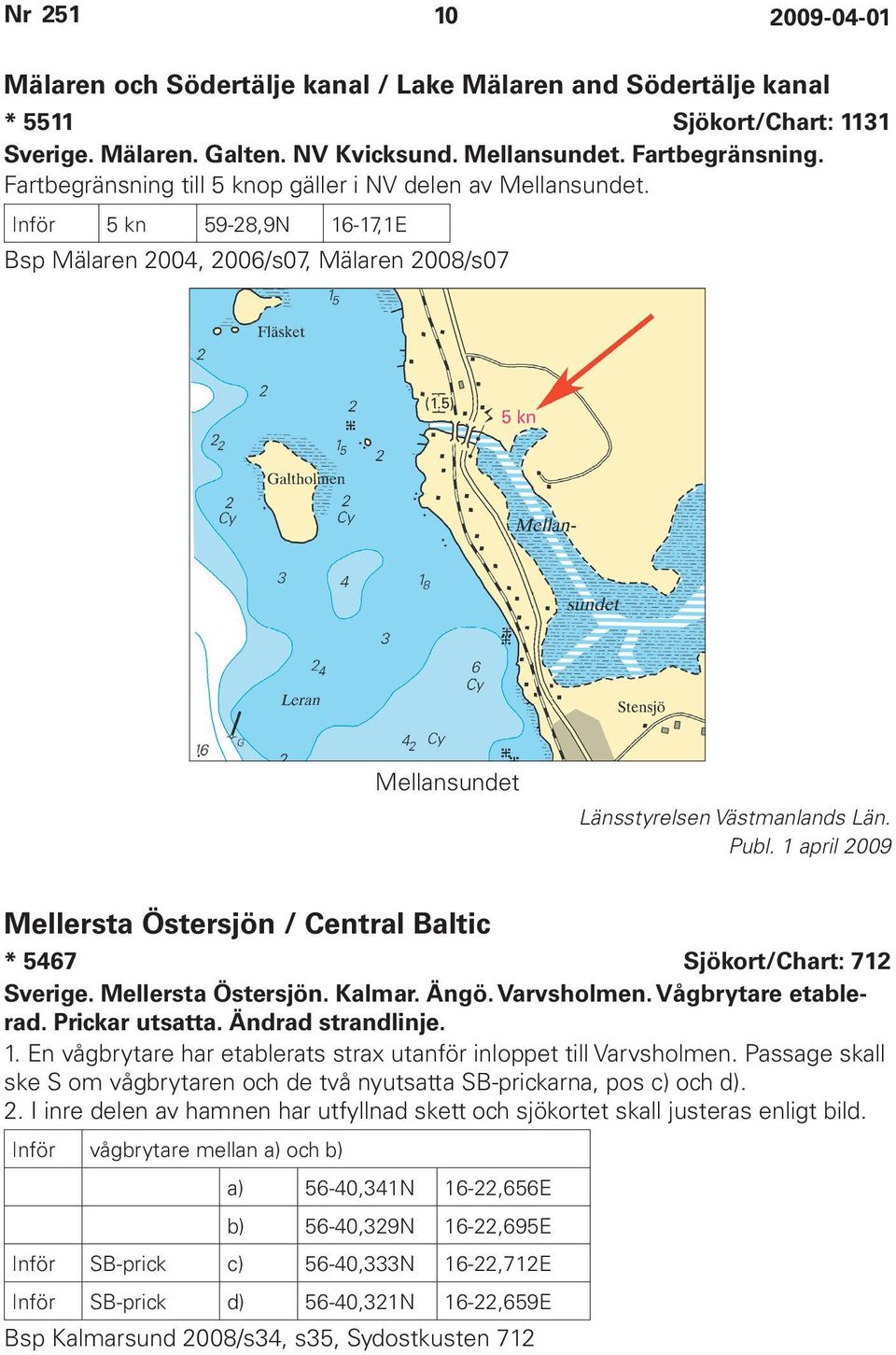 Mellersta Östersjön / Central Baltic * 5467 Sjökort/Chart: 712 Sverige. Mellersta Östersjön. Kalmar. Ängö. Varvsholmen. Vågbrytare etablerad. Prickar utsatta. Ändrad strandlinje. 1.