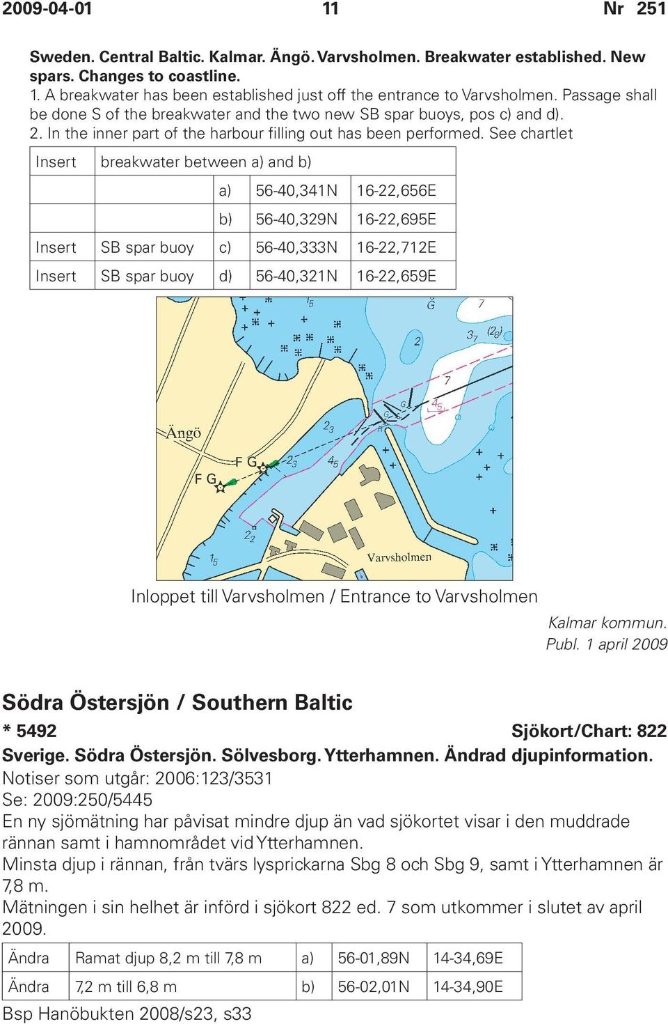 See chartlet Insert breakwater between a) and b) a) 56-40,341N 16-22,656E b) 56-40,329N 16-22,695E Insert SB spar buoy c) 56-40,333N 16-22,712E Insert SB spar buoy d) 56-40,321N 16-22,659E Inloppet