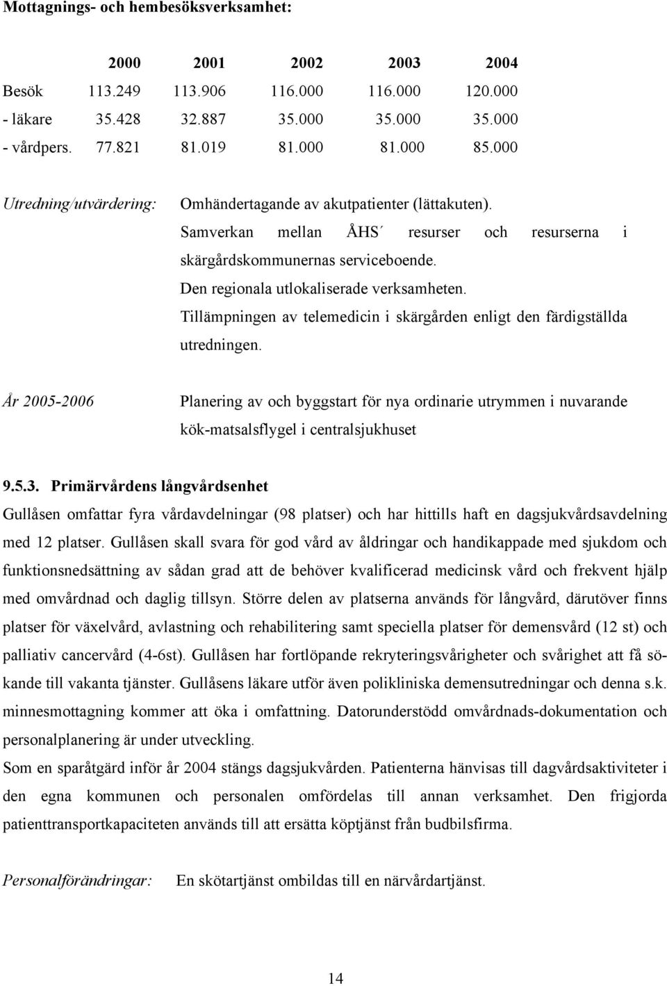 Tillämpningen av telemedicin i skärgården enligt den färdigställda utredningen. År 2005-2006 Planering av och byggstart för nya ordinarie utrymmen i nuvarande kök-matsalsflygel i centralsjukhuset 9.5.3.