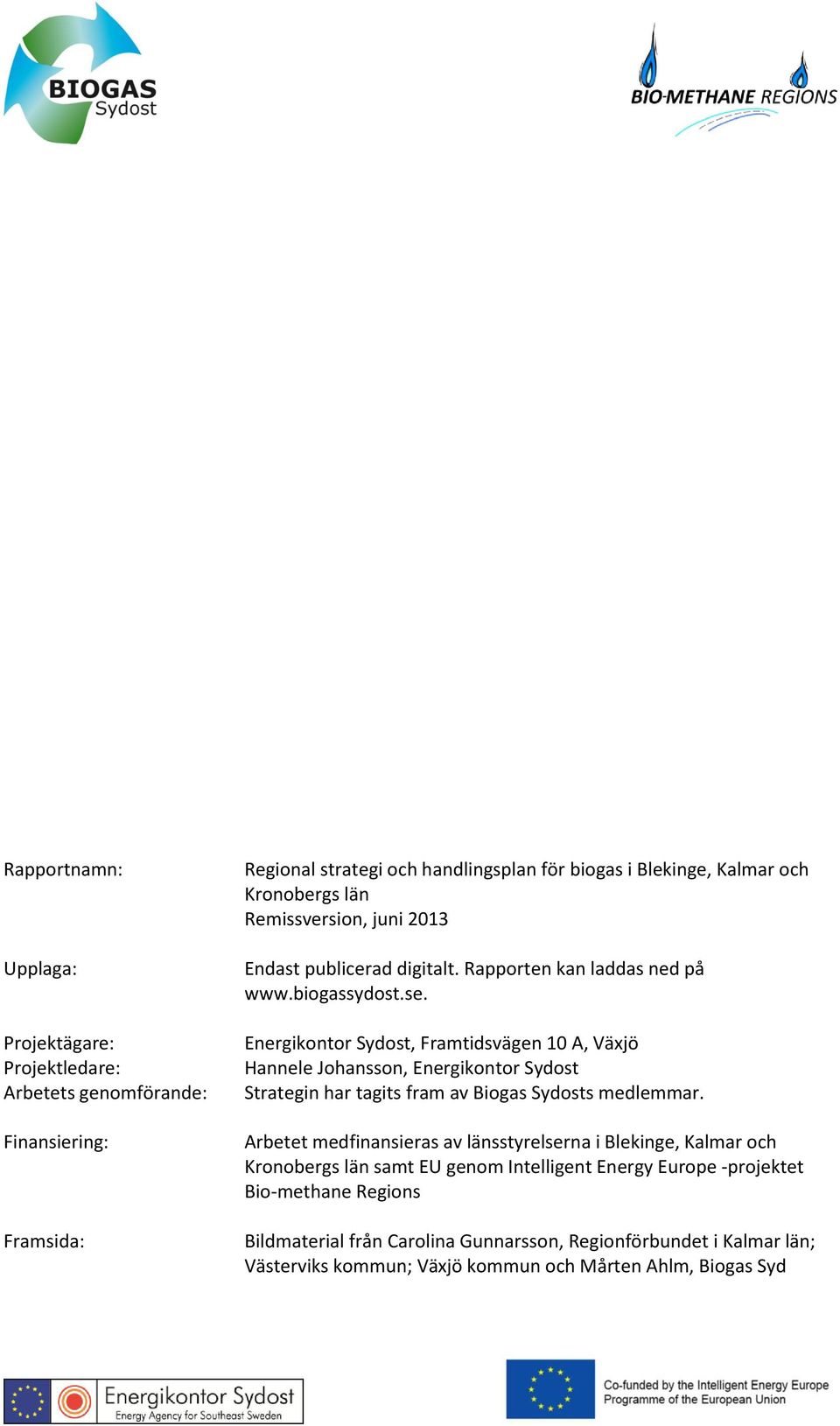 Energikontor Sydost, Framtidsvägen 10 A, Växjö Hannele Johansson, Energikontor Sydost Strategin har tagits fram av Biogas Sydosts medlemmar.