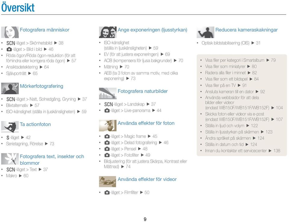 insekter och blommor s-läget > Text 37 Makro 60 Ange exponeringen (ljusstyrkan) ISO-känslighet (ställa in ljuskänsligheten) 59 EV (för att justera exponeringen) 69 ACB (kompensera för ljusa