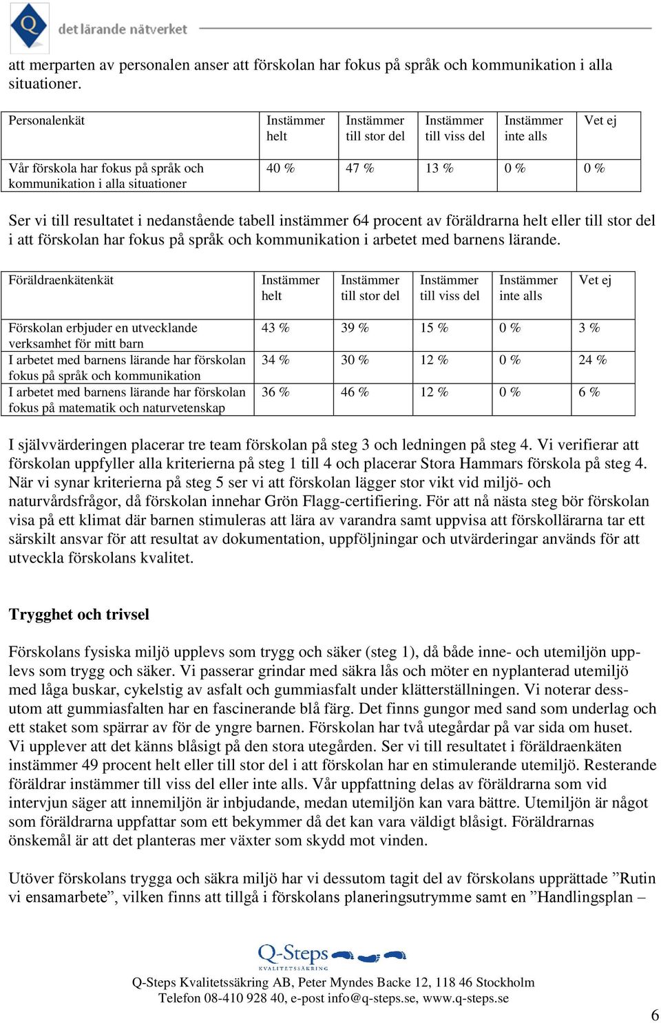 tabell instämmer 64 procent av föräldrarna helt eller till stor del i att förskolan har fokus på språk och kommunikation i arbetet med barnens lärande.