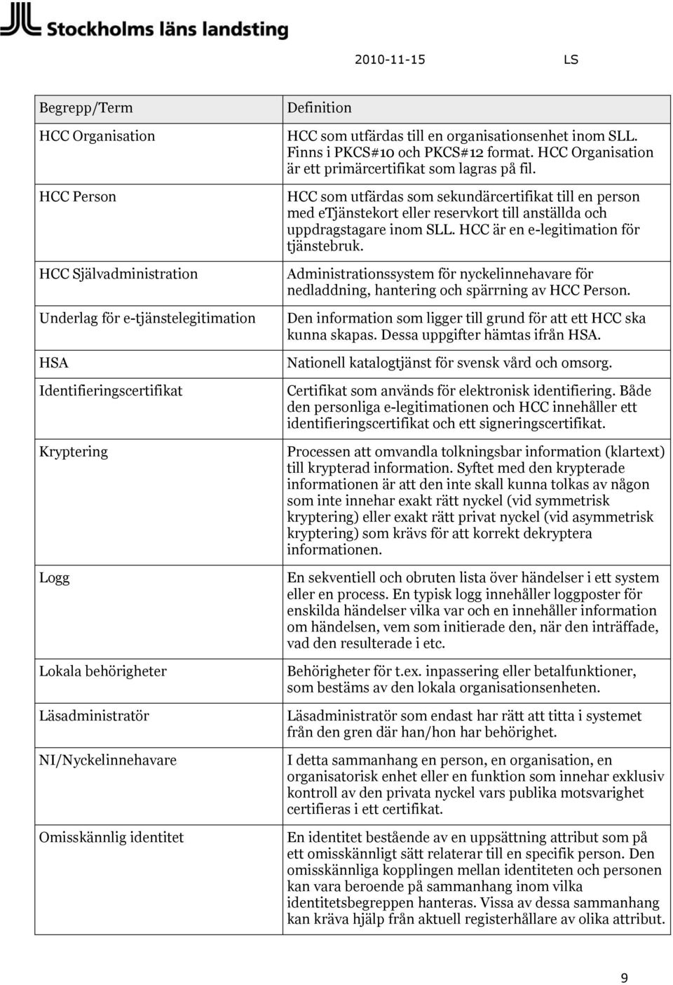 HCC Organisation är ett primärcertifikat som lagras på fil. HCC som utfärdas som sekundärcertifikat till en person med etjänstekort eller reservkort till anställda och uppdragstagare inom SLL.