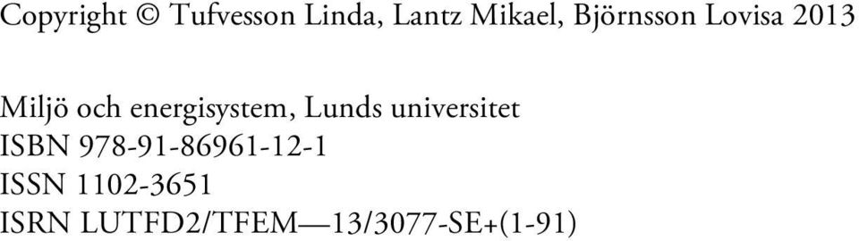 energisystem, Lunds universitet ISBN