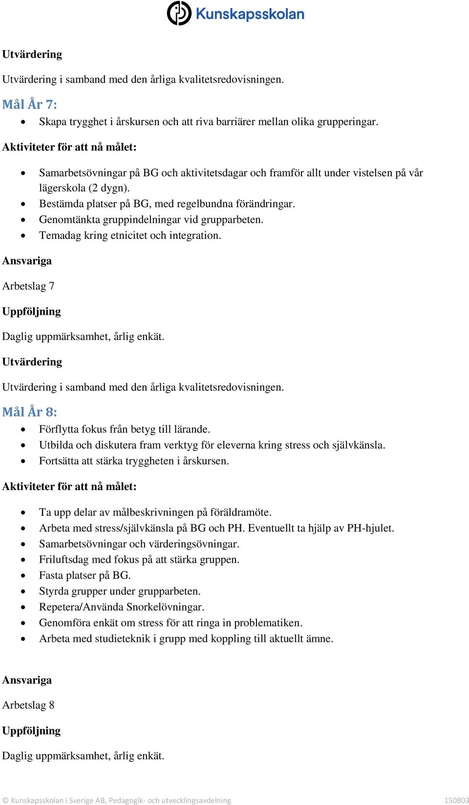 Genomtänkta gruppindelningar vid grupparbeten. Temadag kring etnicitet och integration. Ansvariga Arbetslag 7 Uppföljning Daglig uppmärksamhet, årlig enkät.