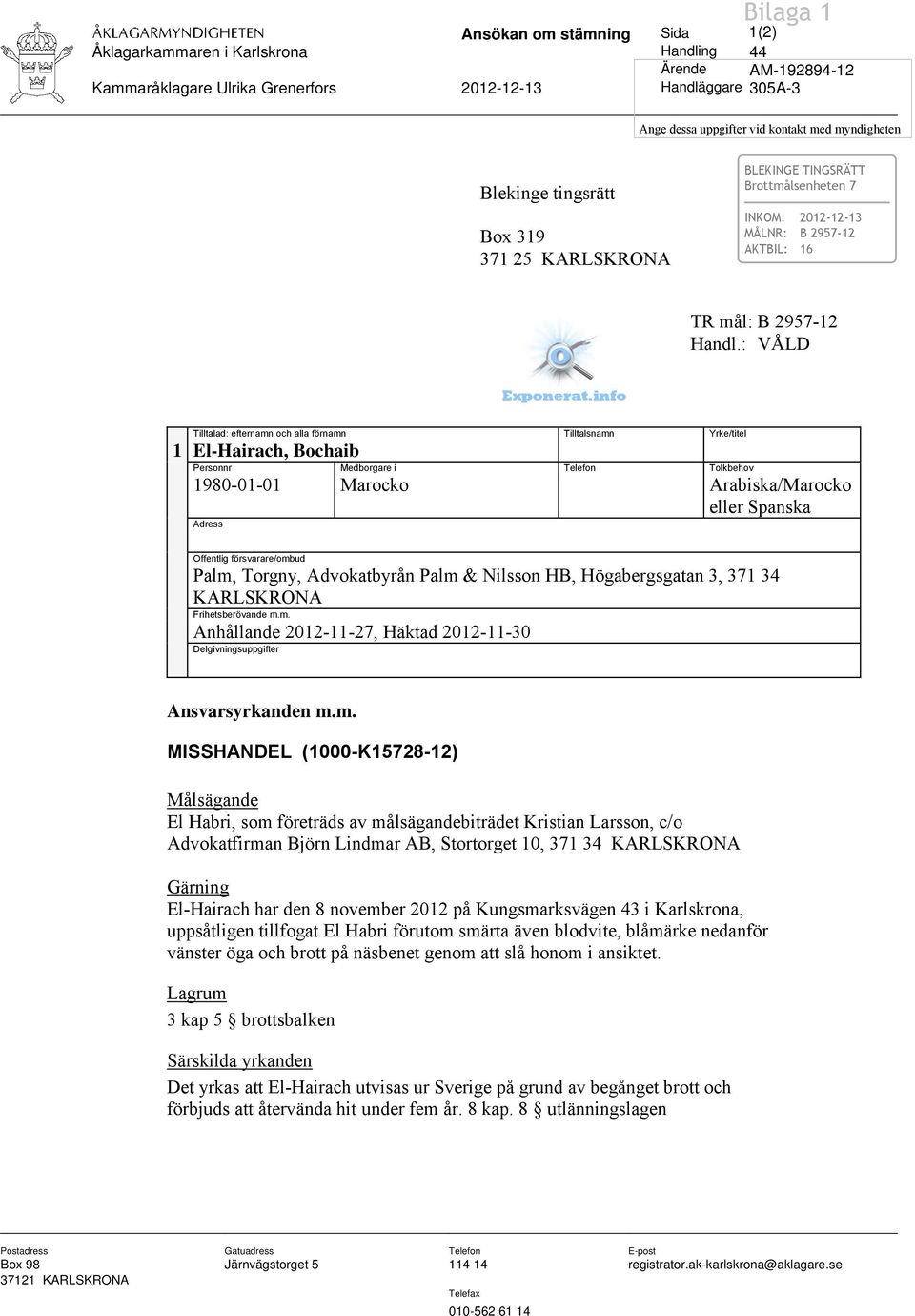 : VÅLD Tilltalad: efternamn och alla förnamn Tilltalsnamn Yrke/titel 1 El-Hairach, Bochaib Personnr Medborgare i Telefon Tolkbehov 1980-01-01 Marocko Arabiska/Marocko eller Spanska Adress Offentlig