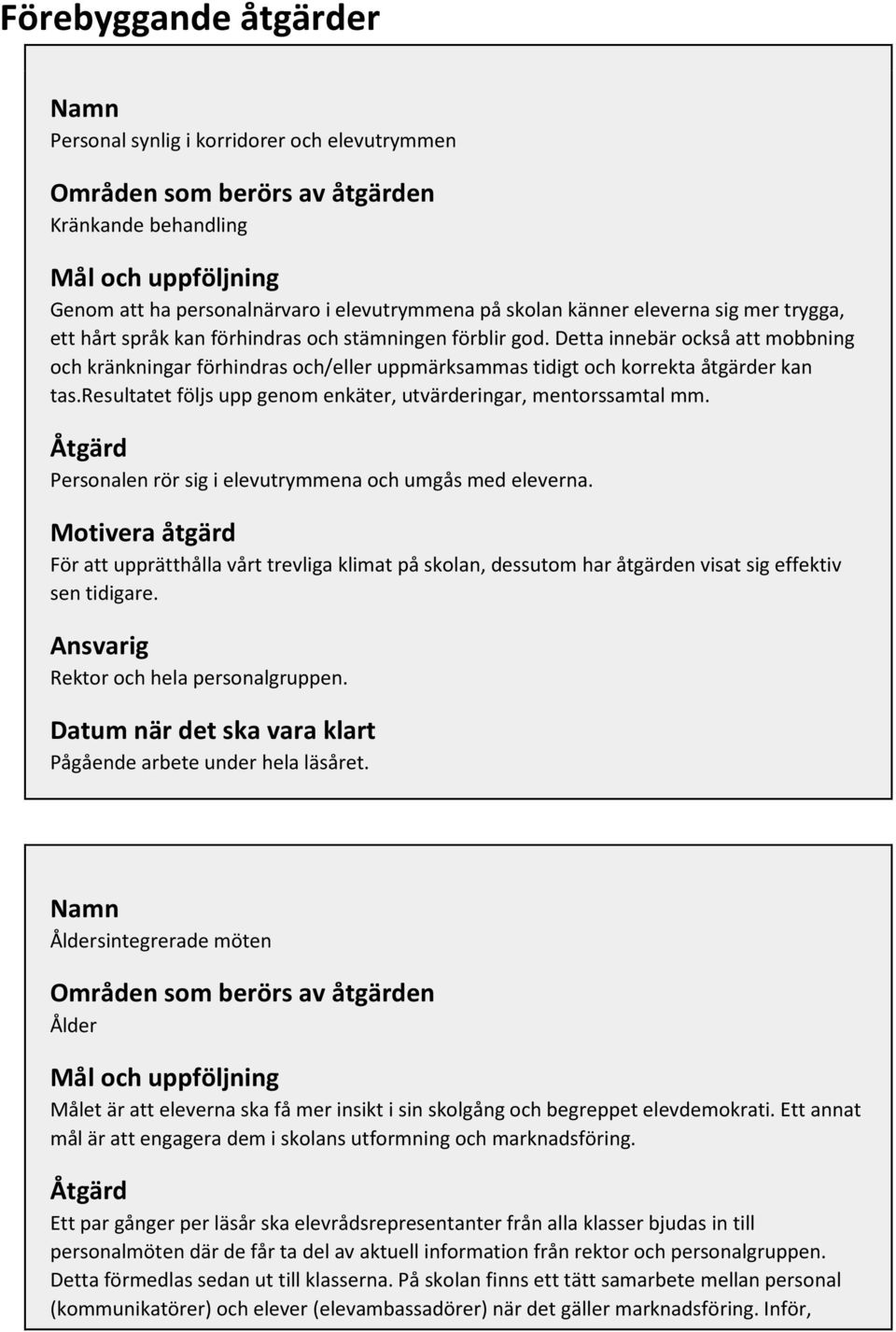 resultatet följs upp genom enkäter, utvärderingar, mentorssamtal mm. Åtgärd Personalen rör sig i elevutrymmena och umgås med eleverna.