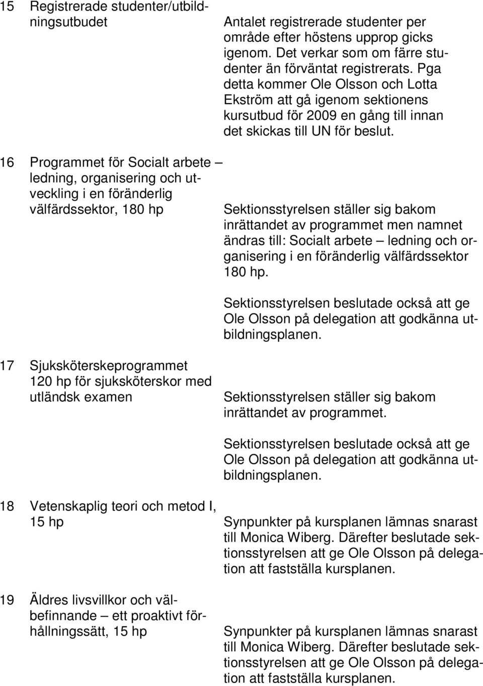 16 Programmet för Socialt arbete ledning, organisering och utveckling i en föränderlig välfärdssektor, 180 hp inrättandet av programmet men namnet ändras till: Socialt arbete ledning och organisering