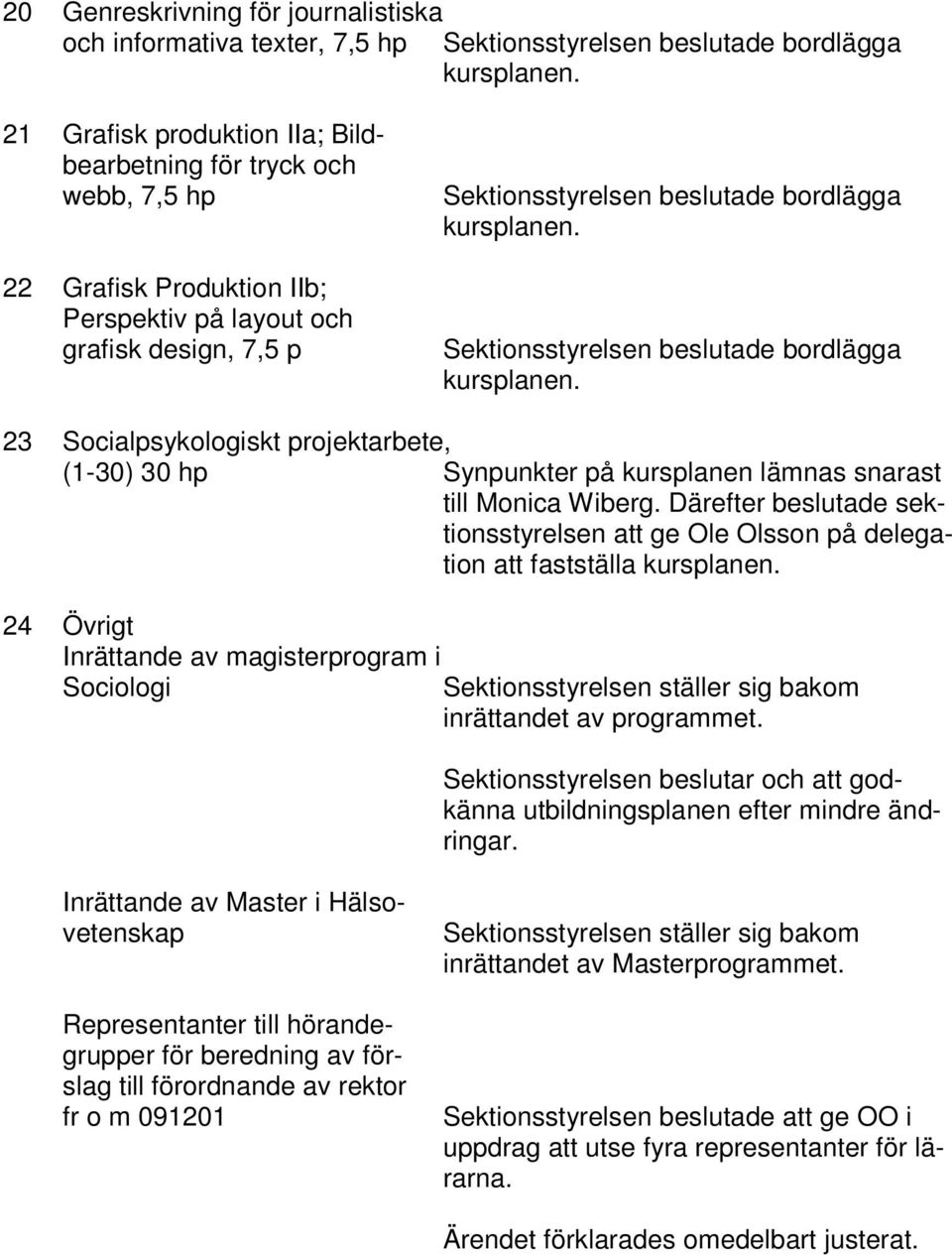 Sektionsstyrelsen beslutade bordlägga kursplanen. 23 Socialpsykologiskt projektarbete, (1-30) 30 hp Synpunkter på kursplanen lämnas snarast till Monica Wiberg.