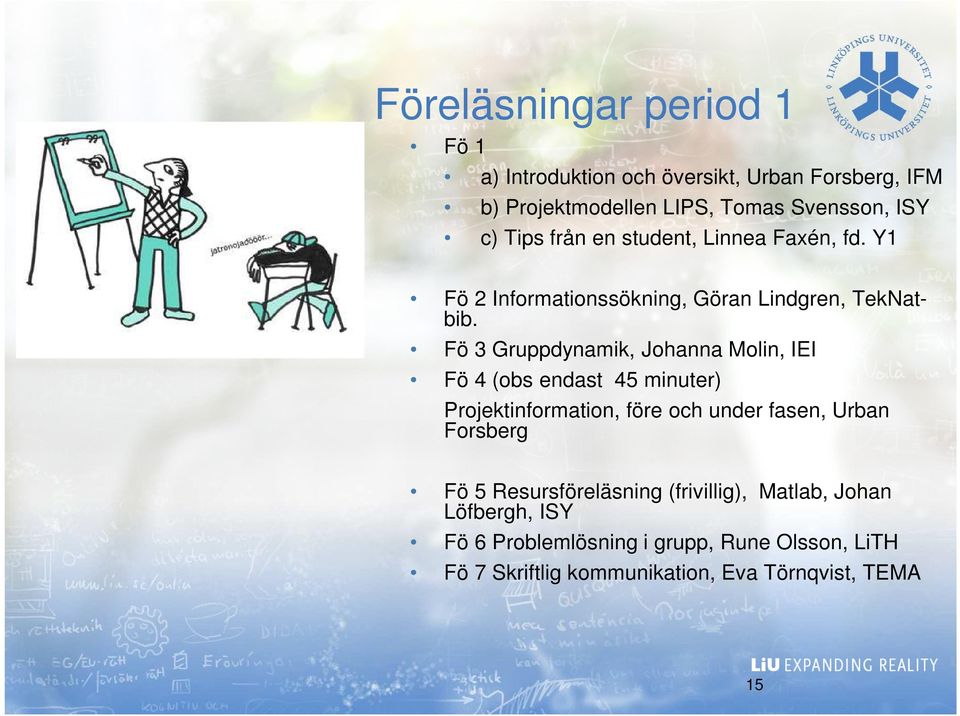Fö 3 Gruppdynamik, Johanna Molin, IEI Fö 4 (obs endast 45 minuter) Projektinformation, före och under fasen, Urban Forsberg Fö