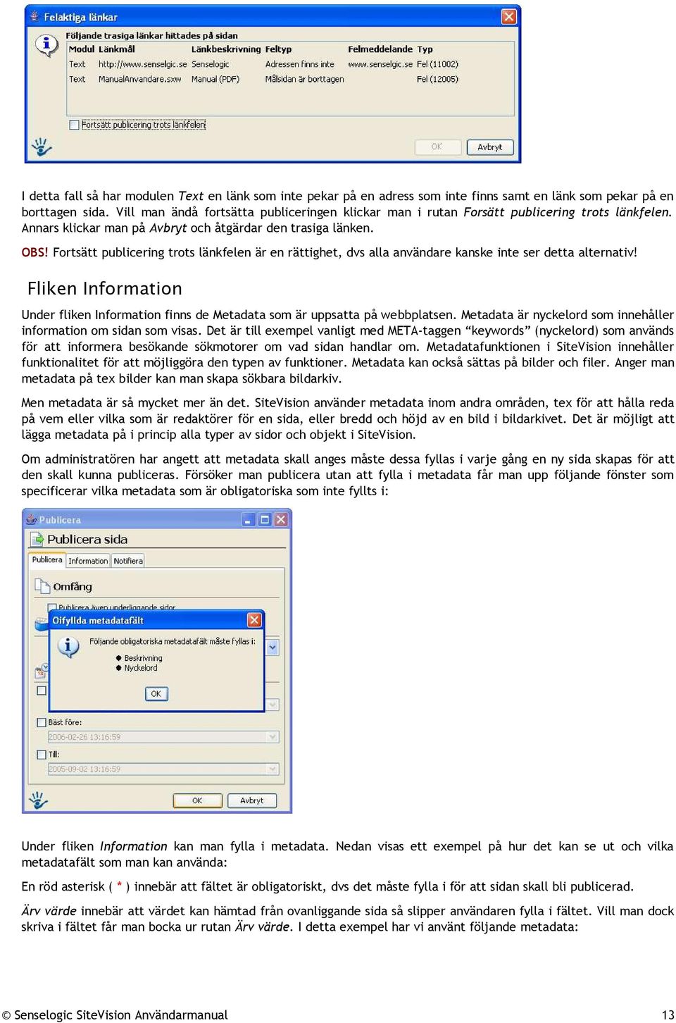 Fortsätt publicering trots länkfelen är en rättighet, dvs alla användare kanske inte ser detta alternativ! Fliken Information Under fliken Information finns de Metadata som är uppsatta på webbplatsen.