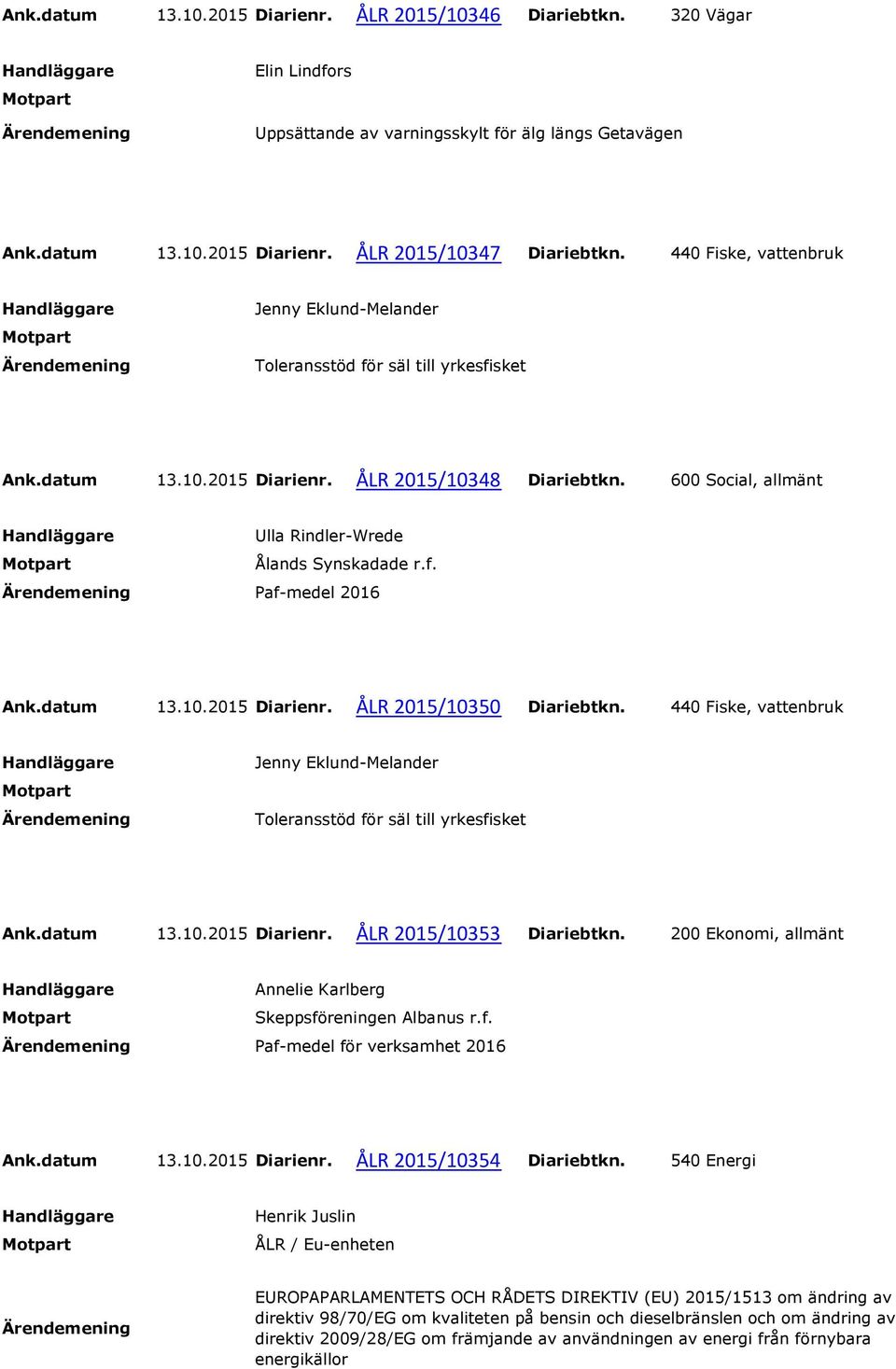 440 Fiske, vattenbruk Toleransstöd för säl till yrkesfisket Ank.datum 13.10.2015 Diarienr. ÅLR 2015/10353 Diariebtkn. 200 Ekonomi, allmänt Annelie Karlberg Skeppsföreningen Albanus r.f. Paf-medel för verksamhet 2016 Ank.