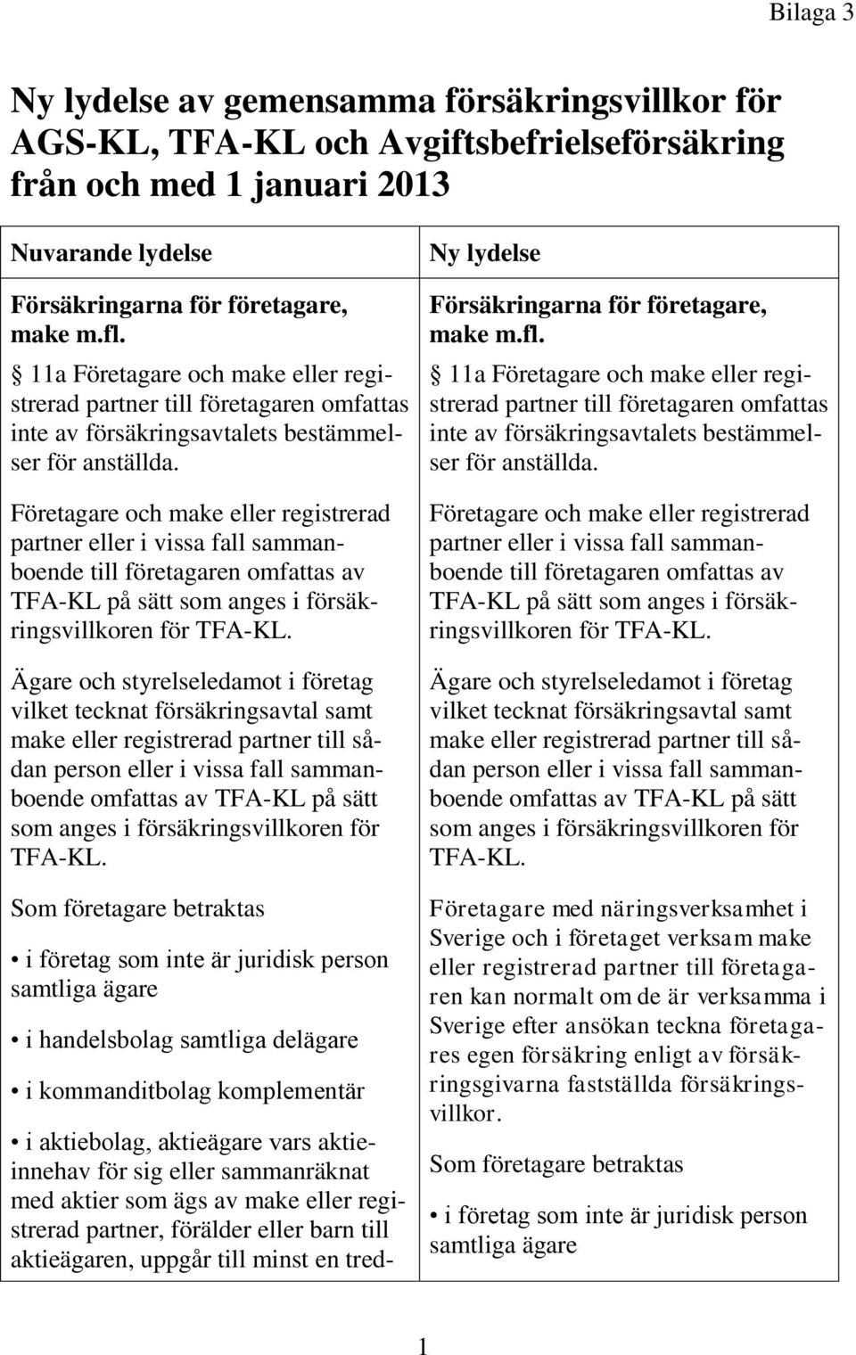 Företagare och make eller registrerad partner eller i vissa fall sammanboende till företagaren omfattas av TFA-KL på sätt som anges i försäkringsvillkoren för TFA-KL.