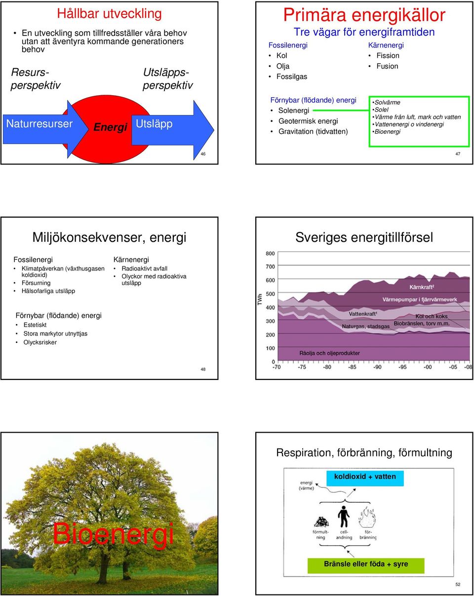 mark och vatten Vattenenergi o vindenergi Bioenergi 46 47 Miljökonsekvenser, energi Sveriges energitillförsel Fossilenergi Klimatpåverkan (växthusgasen koldioxid) Försurning Hälsofarliga utsläpp