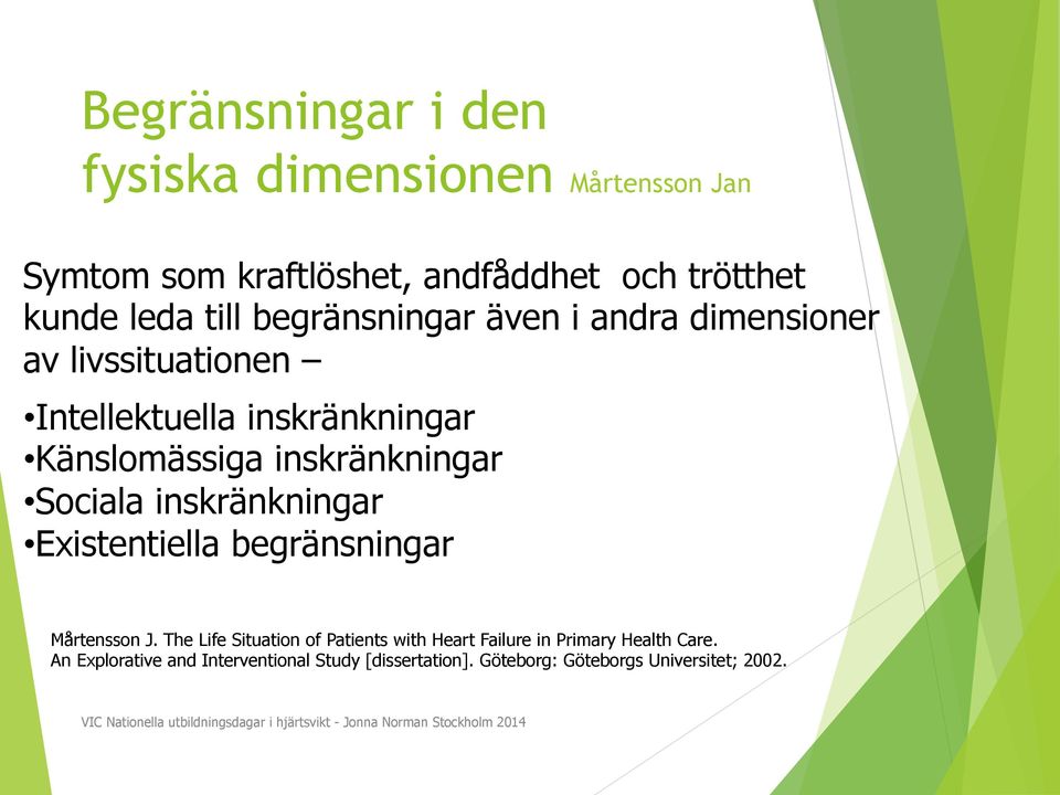 Existentiella begränsningar Mårtensson J. The Life Situation of Patients with Heart Failure in Primary Health Care.