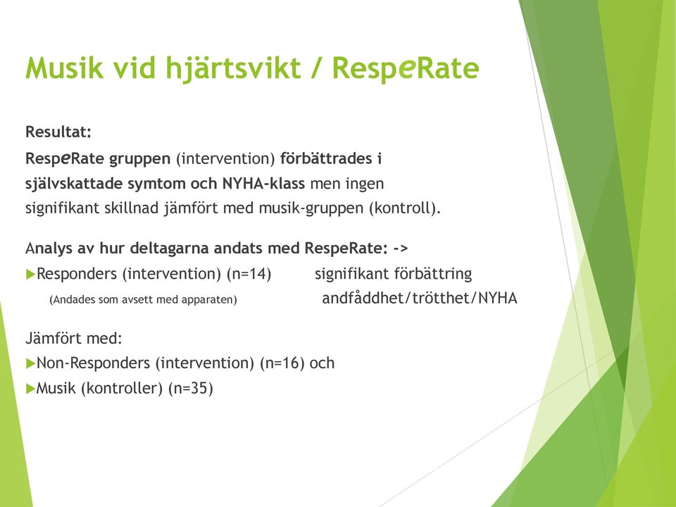 Analys av hur deltagarna andats med RespeRate: -> Responders (intervention) (n=14) signifikant förbättring (Andades