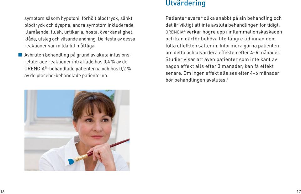 Avbruten behandling på grund av akuta infusionsrelaterade reaktioner inträffade hos 0,4 % av de ORENCIA -behandlade patienterna och hos 0,2 % av de placebo-behandlade patienterna.