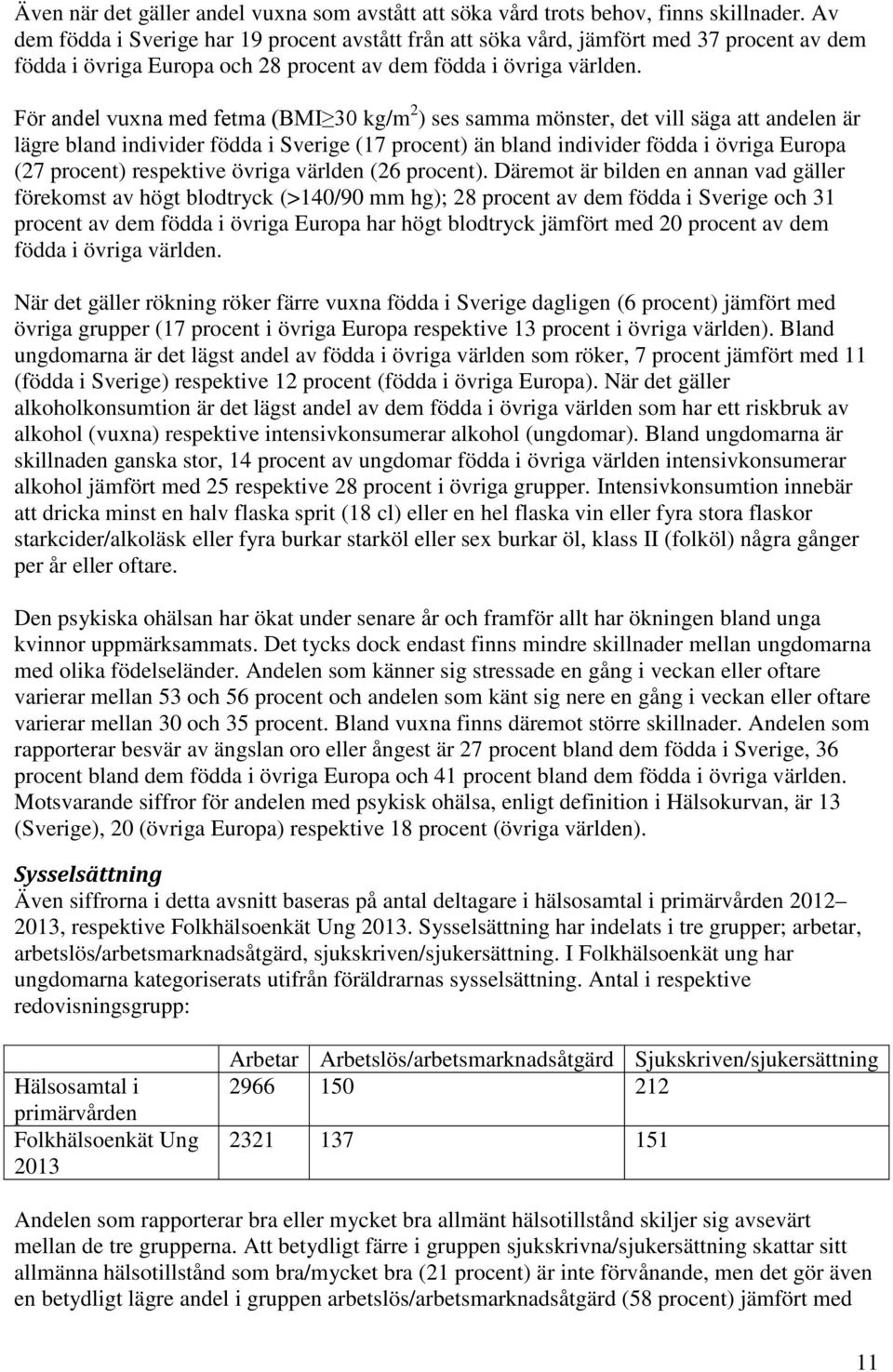 För andel vuxna med fetma (BMI 30 kg/m 2 ) ses samma mönster, det vill säga att andelen är lägre bland individer födda i Sverige (17 procent) än bland individer födda i övriga Europa (27 procent)