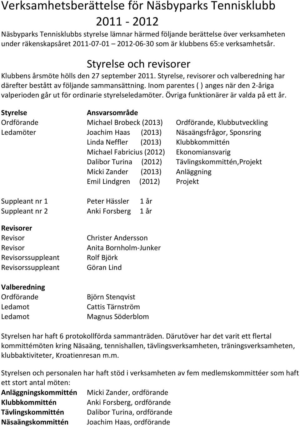 Inom parentes ( ) anges när den 2-åriga valperioden går ut för ordinarie styrelseledamöter. Övriga funktionärer är valda på ett år.