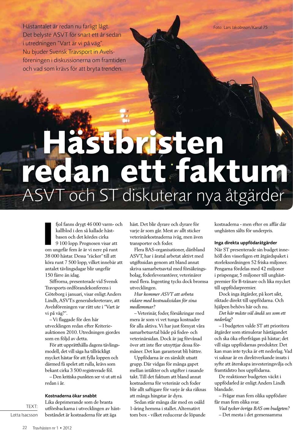 Foto: Lars Jakobsson/Kanal 75 Hästbristen redan ett faktum ASVT och ST diskuterar nya åtgärder Text: Lotta Isacsson Ifjol fanns drygt 46 000 varm- och kallblod i den så kallade hästbasen och det