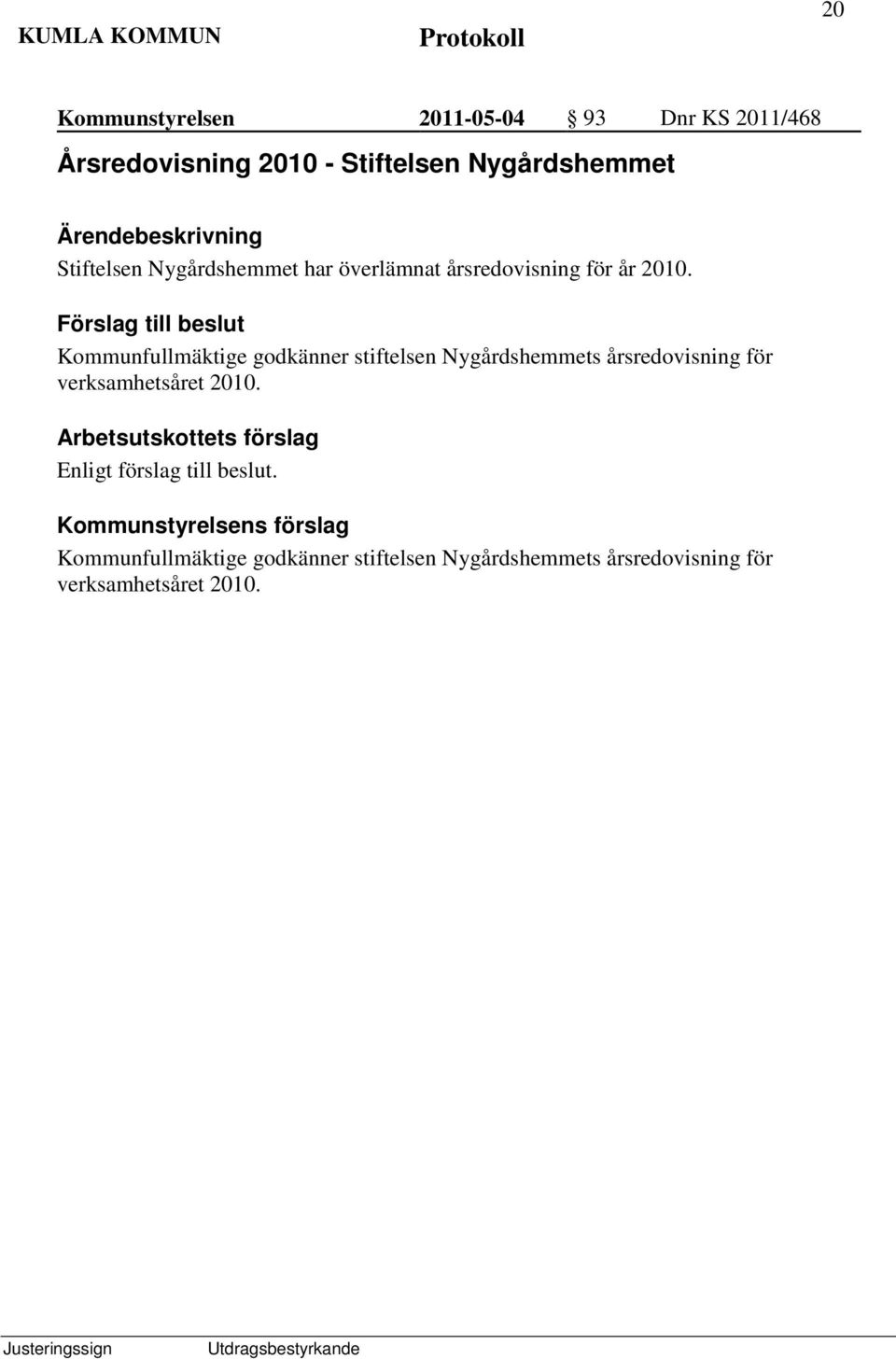 Kommunfullmäktige godkänner stiftelsen Nygårdshemmets årsredovisning för verksamhetsåret 2010.