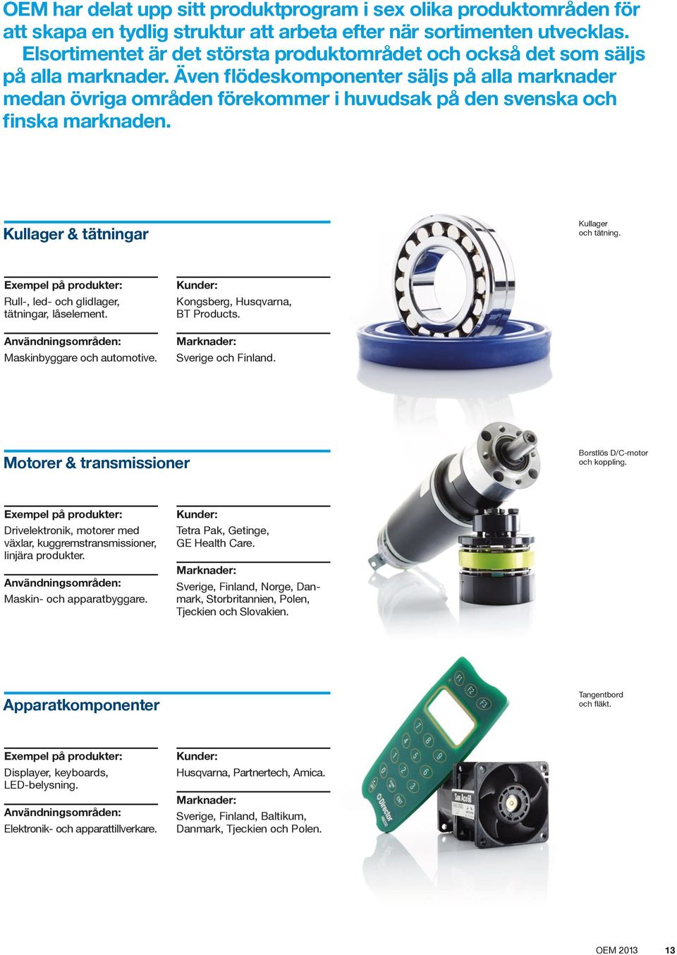 Även flödeskomponenter säljs på alla marknader medan övriga områden förekommer i huvudsak på den svenska och finska marknaden. Kullager & tätningar Kullager och tätning.