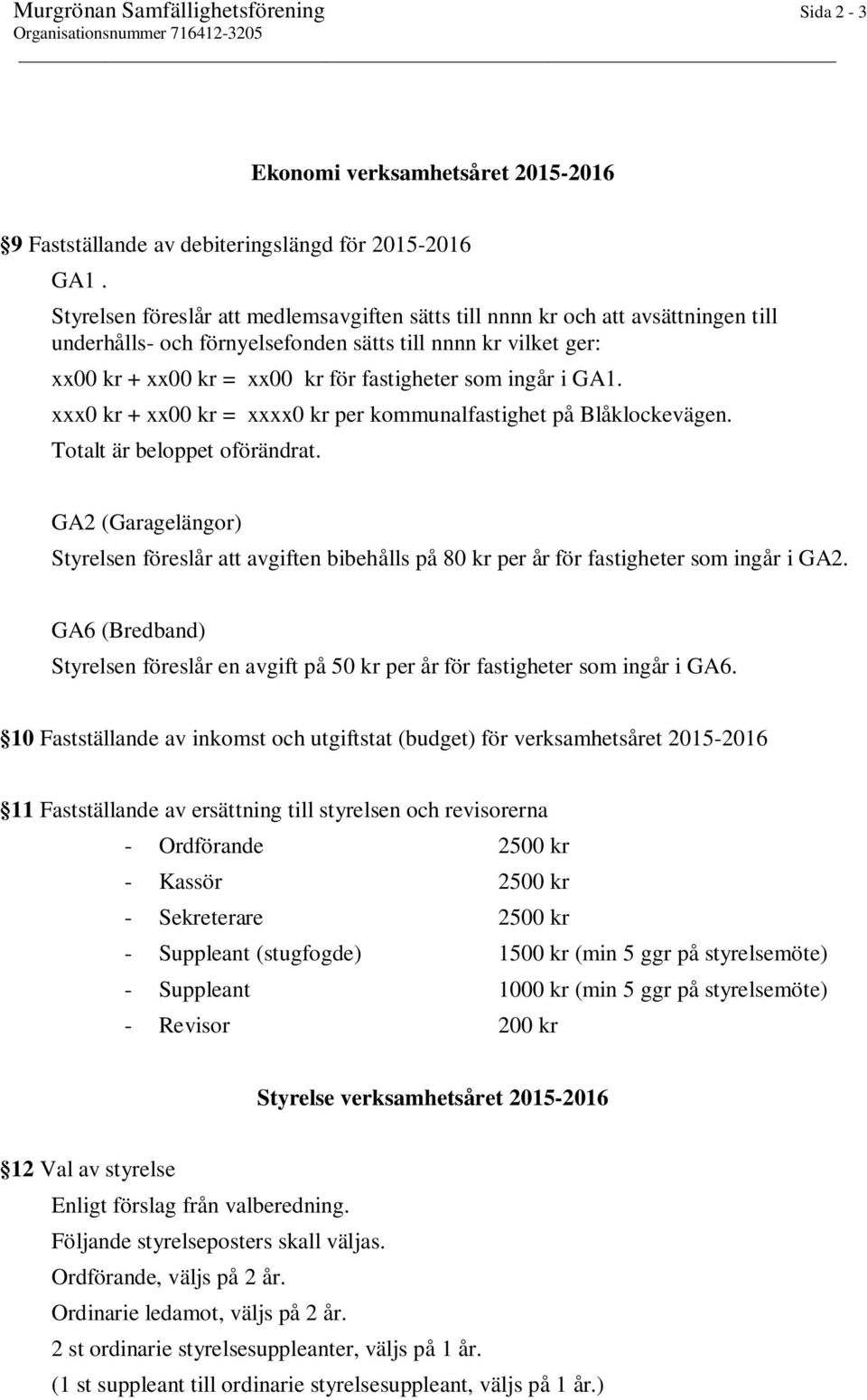 ingår i GA1. xxx0 kr + xx00 kr = xxxx0 kr per kommunalfastighet på Blåklockevägen. Totalt är beloppet oförändrat.