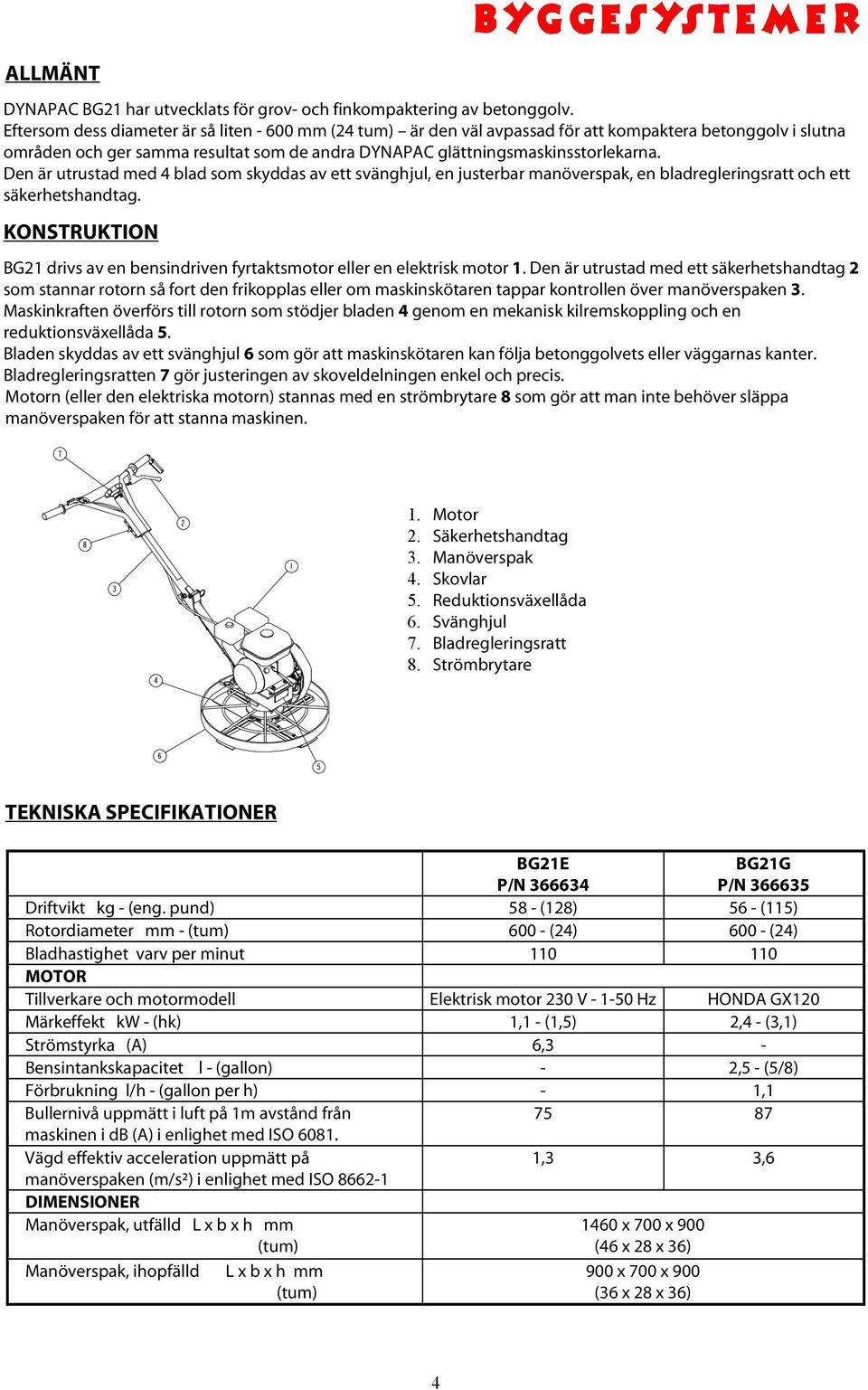 Den är utrustad med 4 blad som skyddas av ett svänghjul, en justerbar manöverspak, en bladregleringsratt och ett säkerhetshandtag.