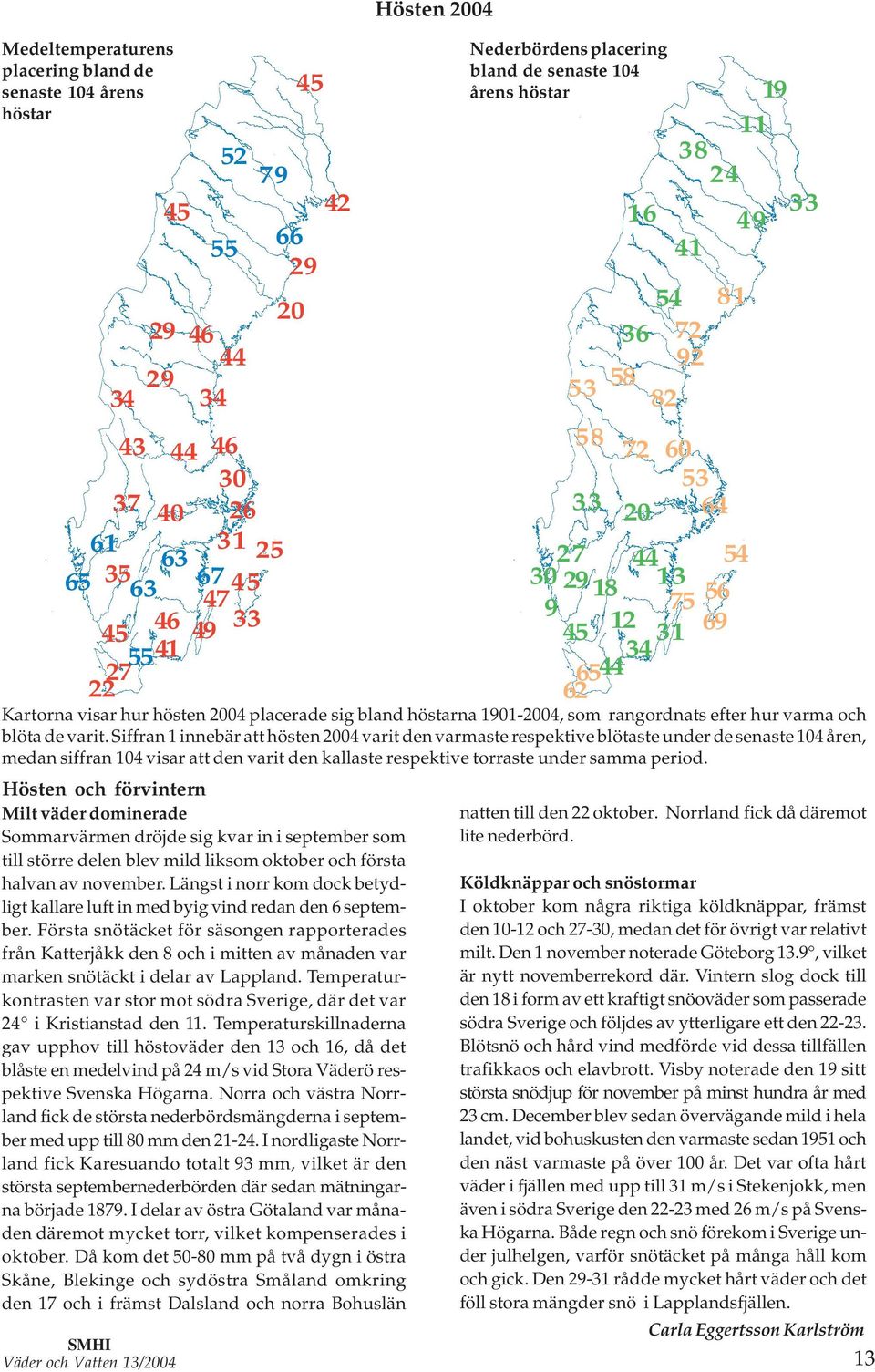 Siffran innebär att hösten varit den varmaste respektive blötaste under de senaste åren, medan siffran visar att den varit den kallaste respektive torraste under samma period.