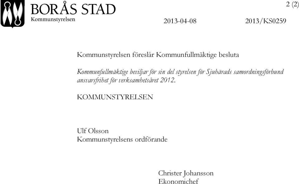 samordningsförbund ansvarsfrihet för verksamhetsåret 2012.