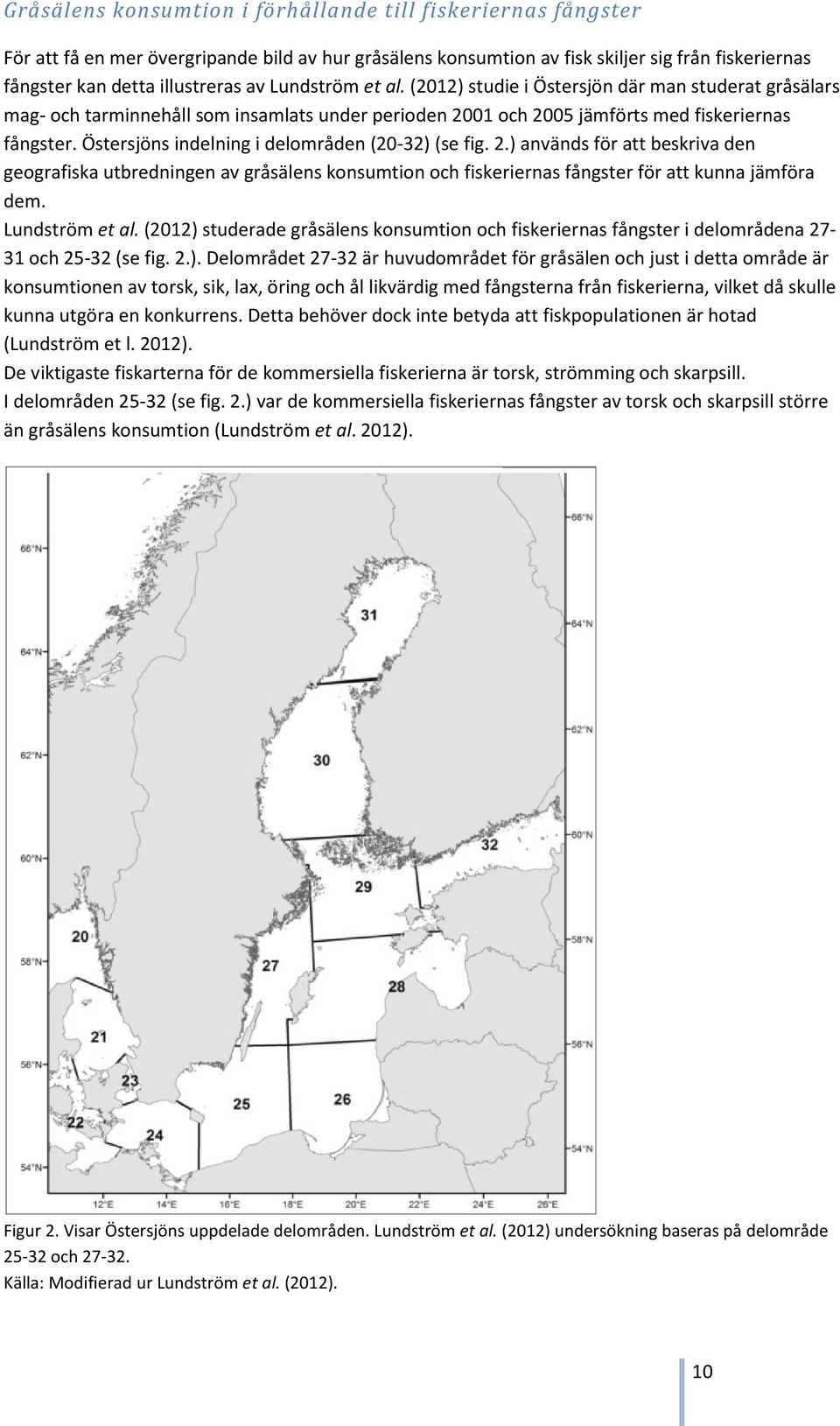 Östersjöns indelning i delområden (20-32) (se fig. 2.) används för att beskriva den geografiska utbredningen av gråsälens konsumtion och fiskeriernas fångster för att kunna jämföra dem.