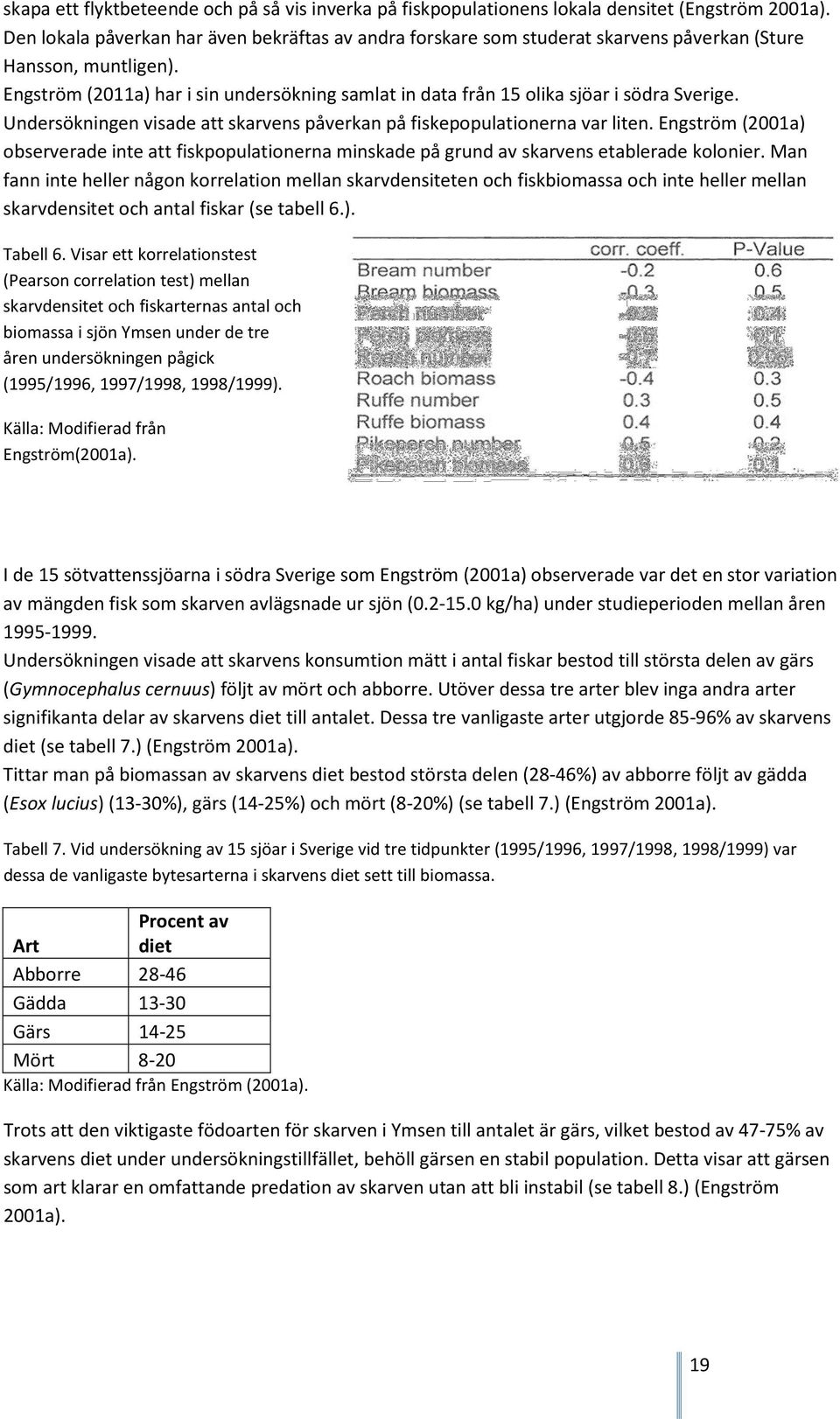 Engström (2011a) har i sin undersökning samlat in data från 15 olika sjöar i södra Sverige. Undersökningen visade att skarvens påverkan på fiskepopulationerna var liten.