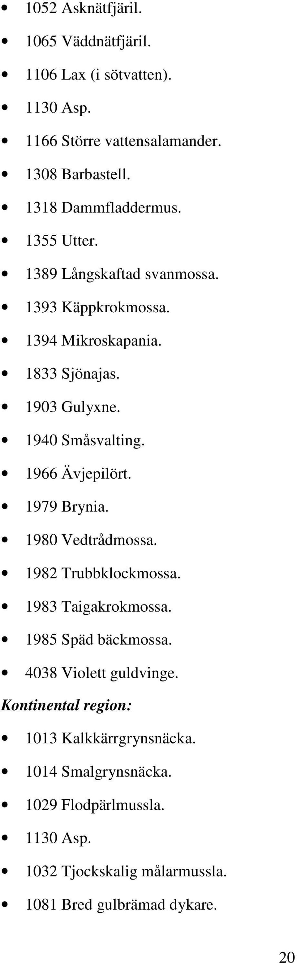 1966 Ävjepilört. 1979 Brynia. 1980 Vedtrådmossa. 1982 Trubbklockmossa. 1983 Taigakrokmossa. 1985 Späd bäckmossa. 4038 Violett guldvinge.