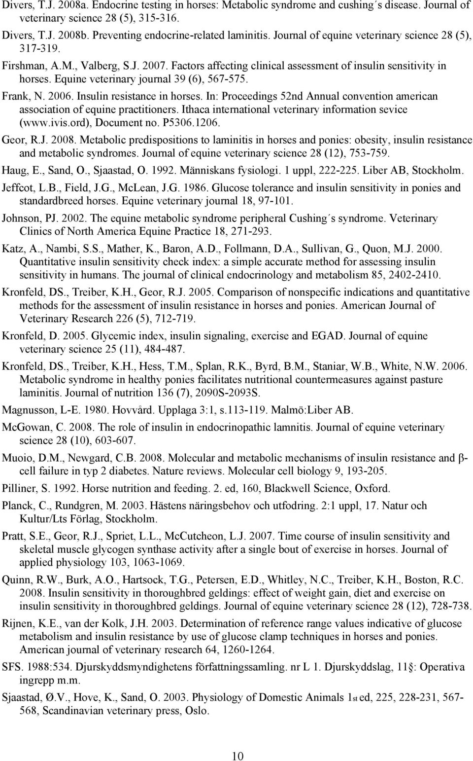 Equine veterinary journal 39 (6), 567-575. Frank, N. 2006. Insulin resistance in horses. In: Proceedings 52nd Annual convention american association of equine practitioners.