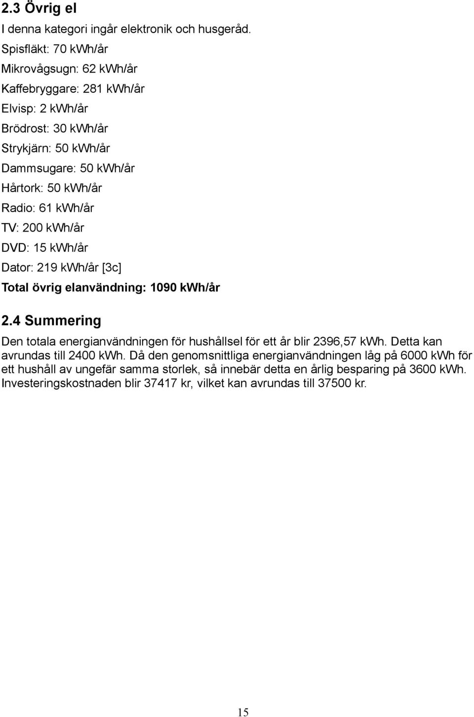 Radio: 61 kwh/år TV: 200 kwh/år DVD: 15 kwh/år Dator: 219 kwh/år [3c] Total övrig elanvändning: 1090 kwh/år 2.