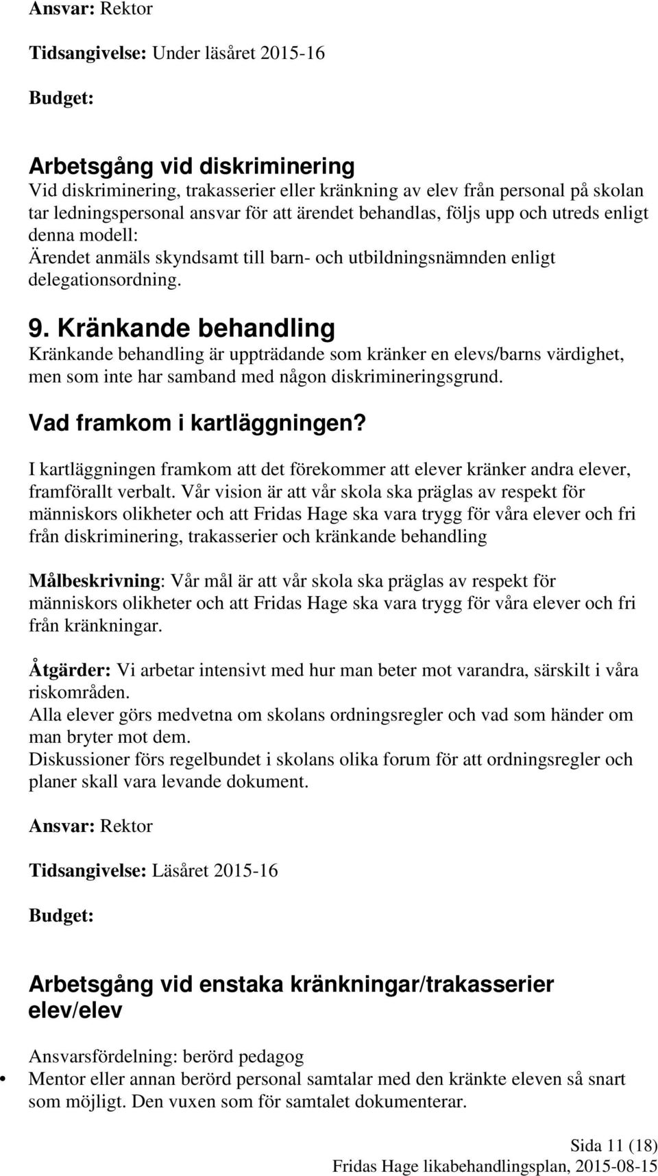 Kränkande behandling Kränkande behandling är uppträdande som kränker en elevs/barns värdighet, men som inte har samband med någon diskrimineringsgrund. Vad framkom i kartläggningen?