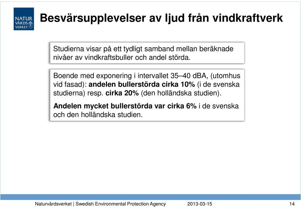 Boende med exponering i intervallet 35 40 dba, (utomhus vid fasad): andelen bullerstörda cirka 10%