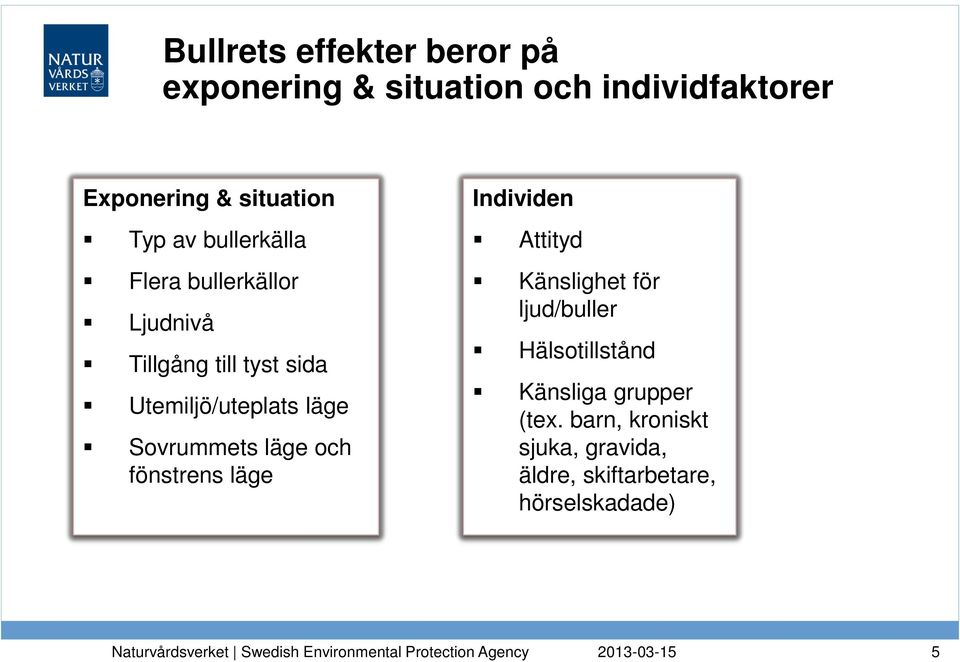 Sovrummets läge och fönstrens läge Individen Attityd Känslighet för ljud/buller