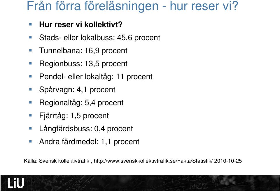 lokaltåg: 11 procent Spårvagn: 4,1 procent Regionaltåg: 5,4 procent Fjärrtåg: 1,5 procent