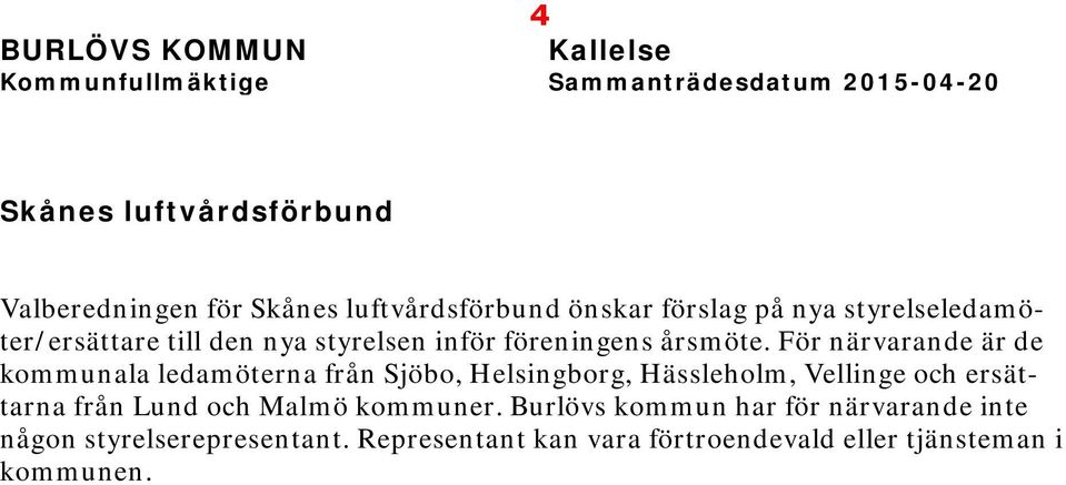 För närvarande är de kommunala ledamöterna från Sjöbo, Helsingborg, Hässleholm, Vellinge och ersättarna från Lund och Malmö